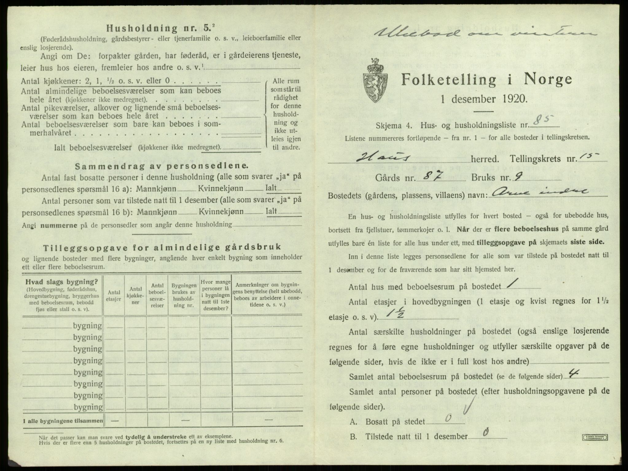 SAB, 1920 census for Haus, 1920, p. 1353