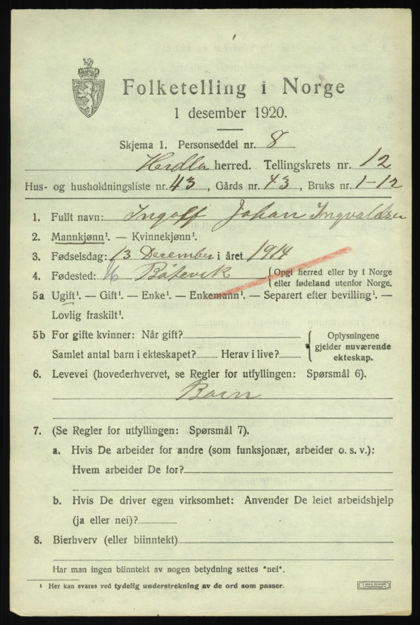 SAB, 1920 census for Herdla, 1920, p. 8951