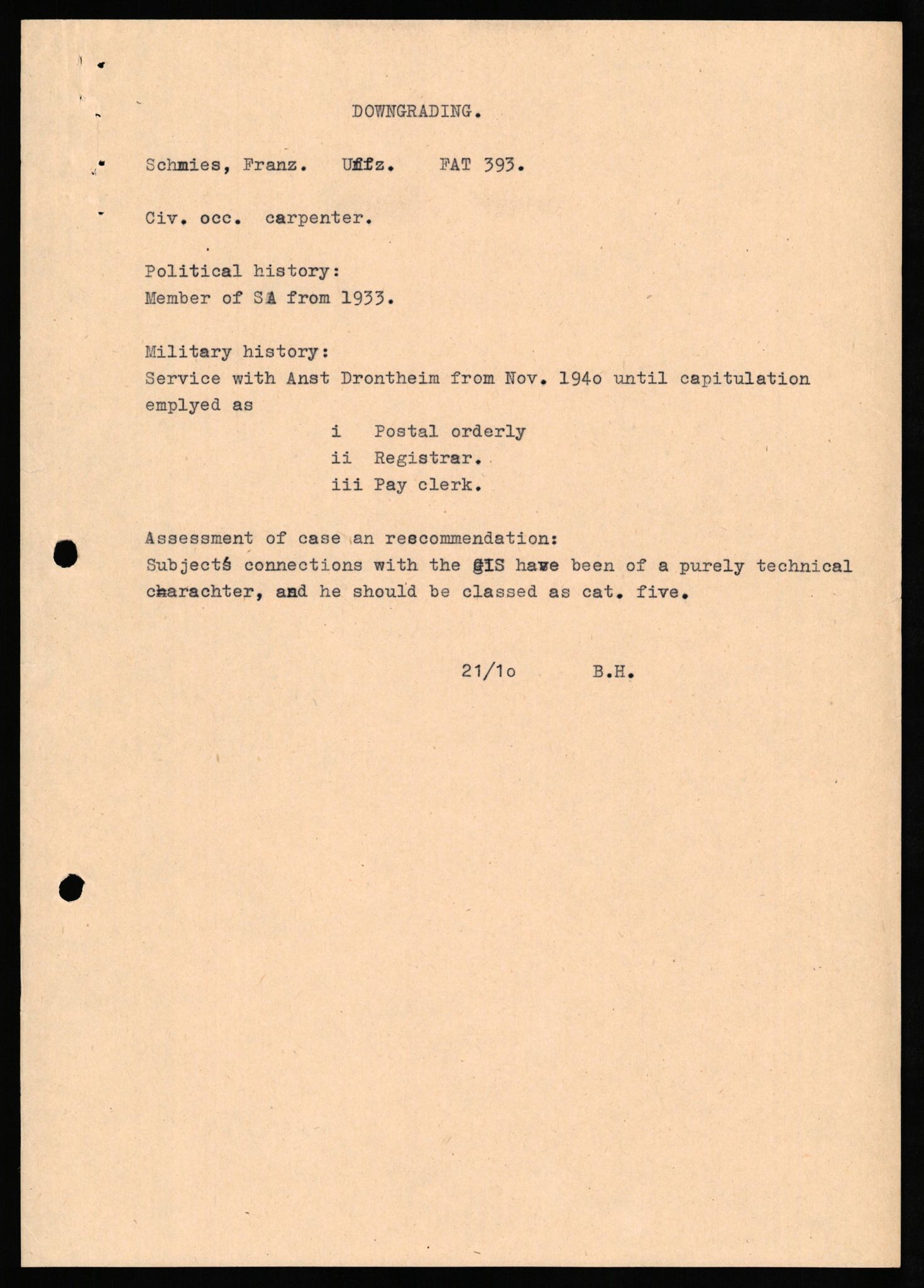 Forsvaret, Forsvarets overkommando II, RA/RAFA-3915/D/Db/L0029: CI Questionaires. Tyske okkupasjonsstyrker i Norge. Tyskere., 1945-1946, p. 444