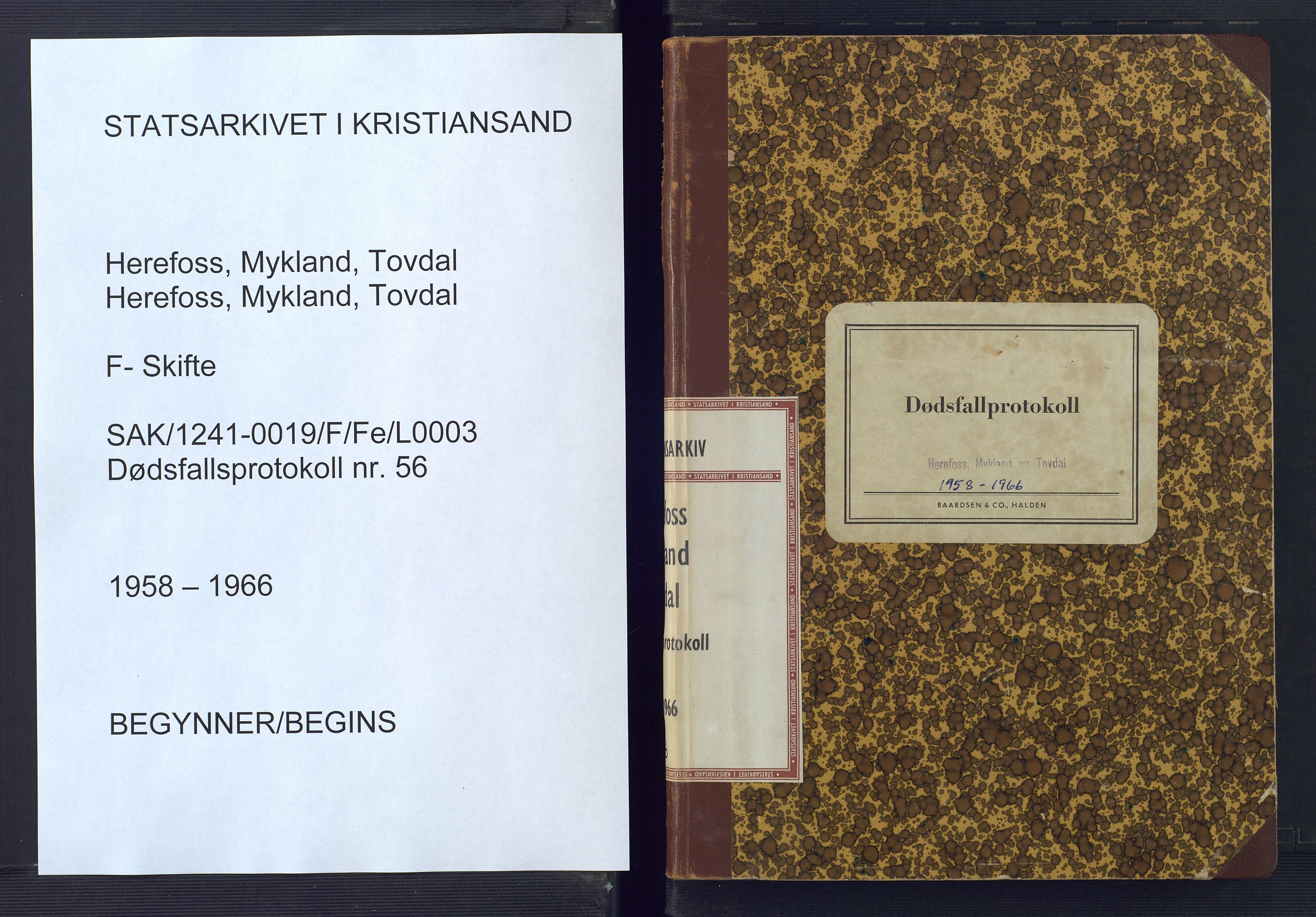 Herefoss Mykland Tovdal lensmannskontor, SAK/1241-0019/F/Fe/L0003: Dødsfallsprotokoll nr 56, 1958-1966