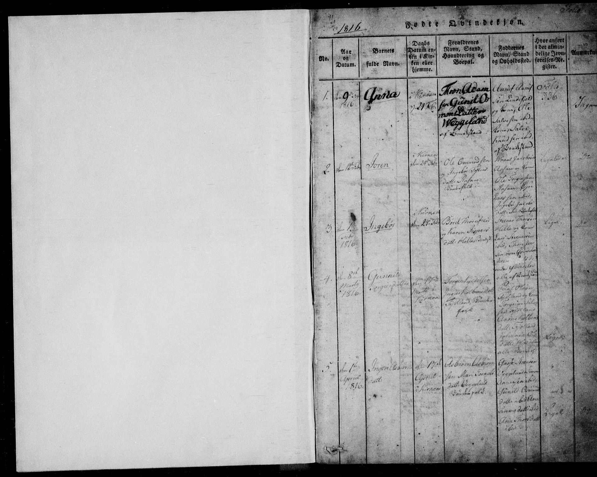 Fjotland sokneprestkontor, AV/SAK-1111-0010/F/Fb/L0001: Parish register (copy) no. B 1, 1816-1849, p. 1