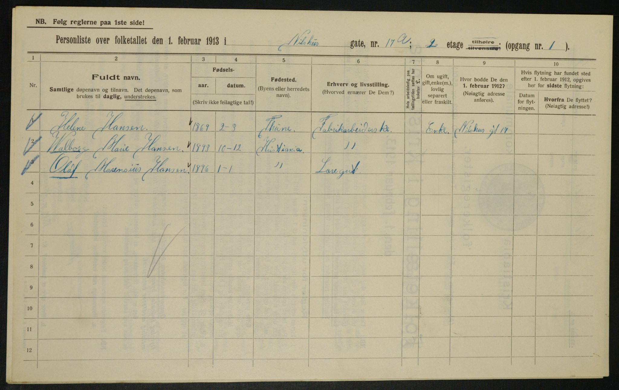 OBA, Municipal Census 1913 for Kristiania, 1913, p. 71005