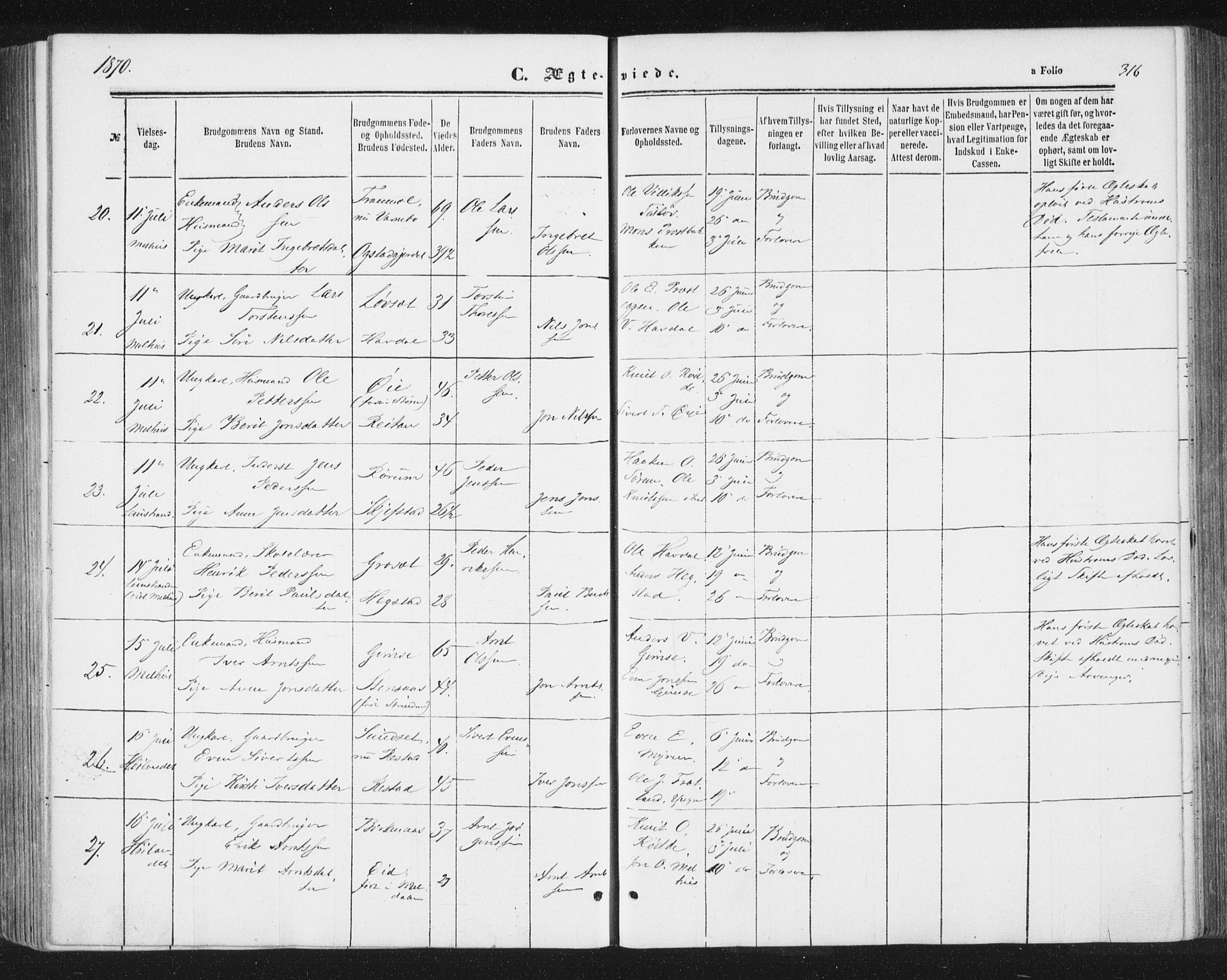 Ministerialprotokoller, klokkerbøker og fødselsregistre - Sør-Trøndelag, AV/SAT-A-1456/691/L1077: Parish register (official) no. 691A09, 1862-1873, p. 316