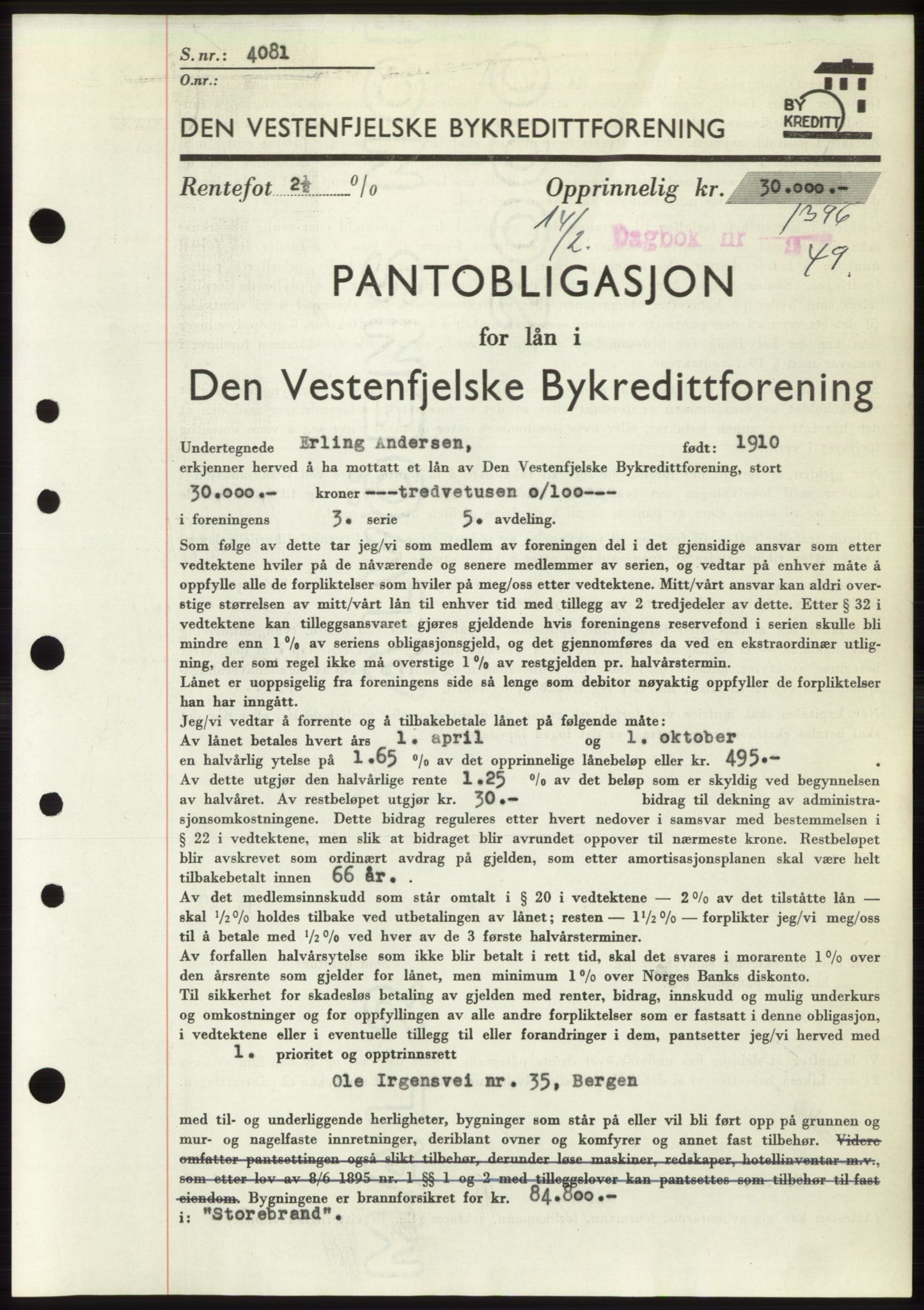 Byfogd og Byskriver i Bergen, AV/SAB-A-3401/03/03Bd/L0003: Mortgage book no. B29-39, 1947-1950, Diary no: : 1396/1949