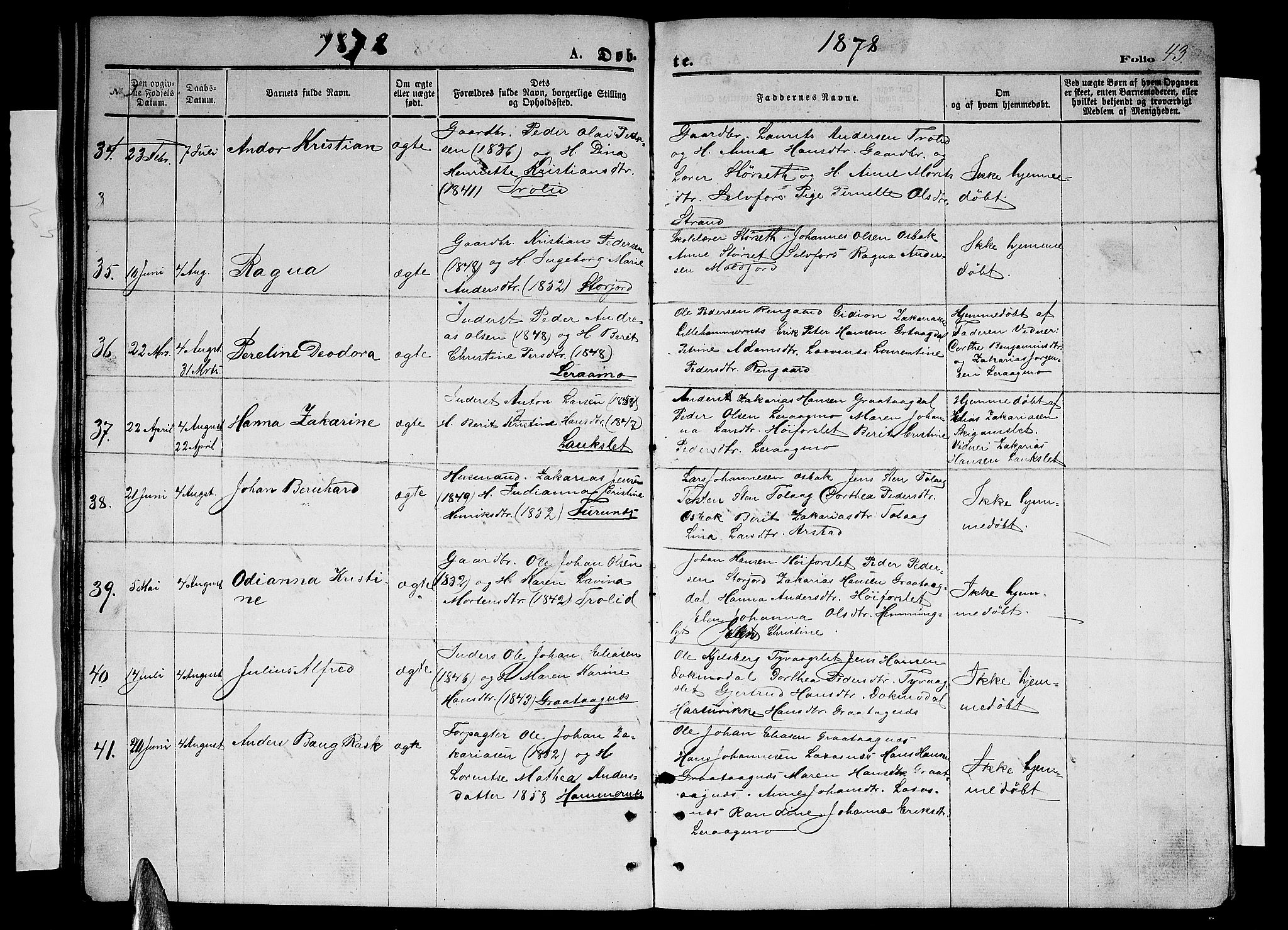 Ministerialprotokoller, klokkerbøker og fødselsregistre - Nordland, AV/SAT-A-1459/846/L0653: Parish register (copy) no. 846C03, 1872-1887, p. 43