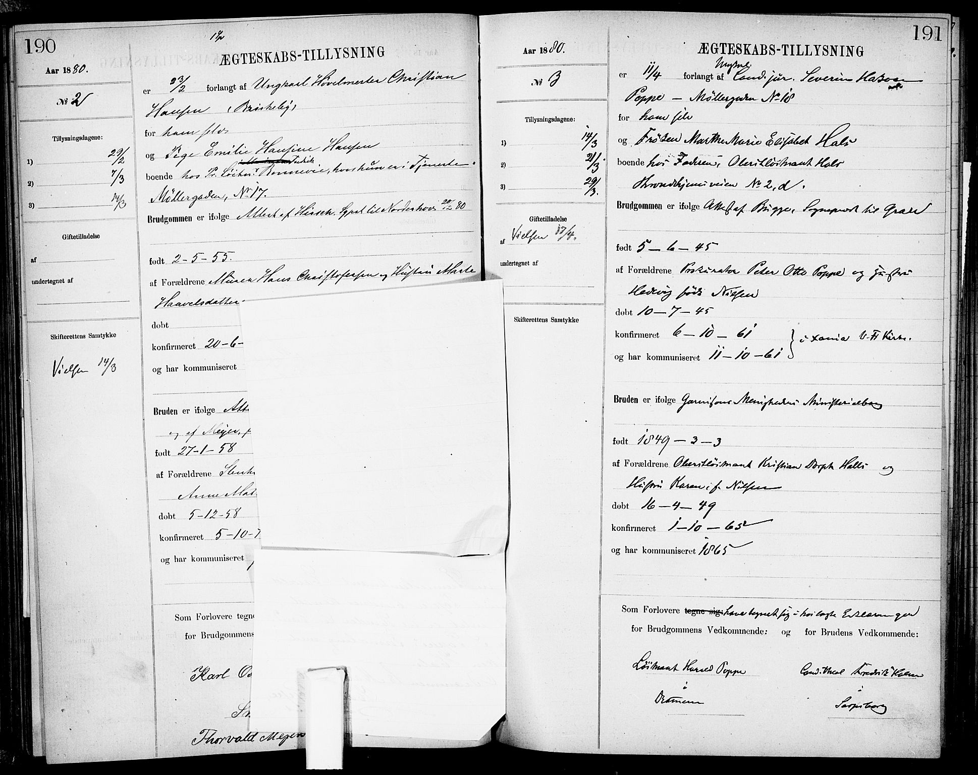 Garnisonsmenigheten Kirkebøker, AV/SAO-A-10846/H/Ha/L0007: Banns register no. I 7, 1872-1893, p. 190-191