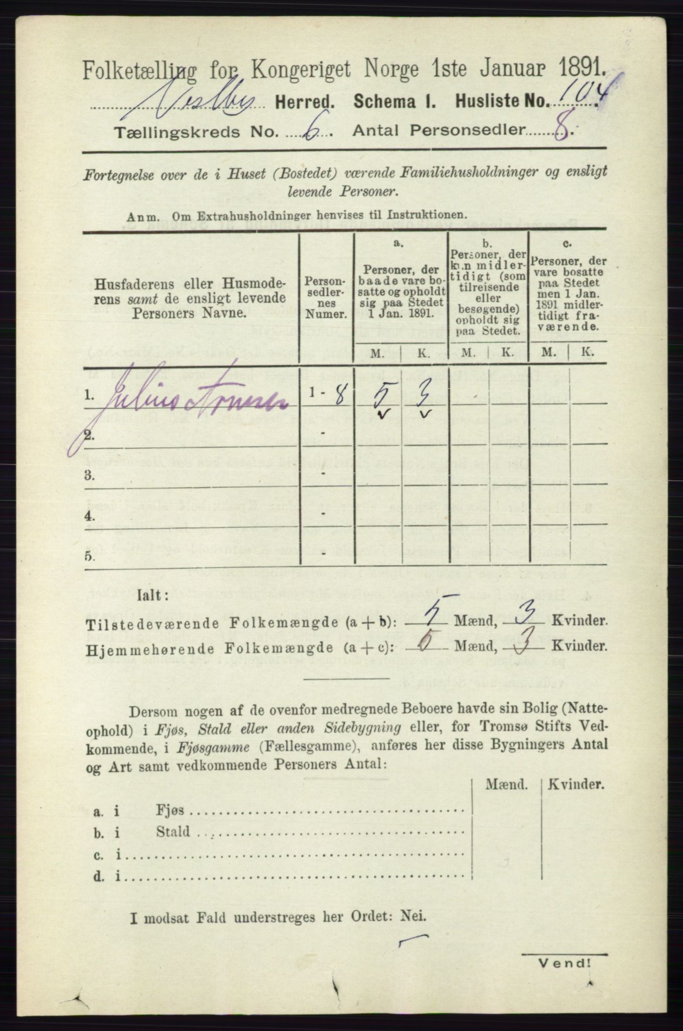 RA, 1891 census for 0211 Vestby, 1891, p. 2907