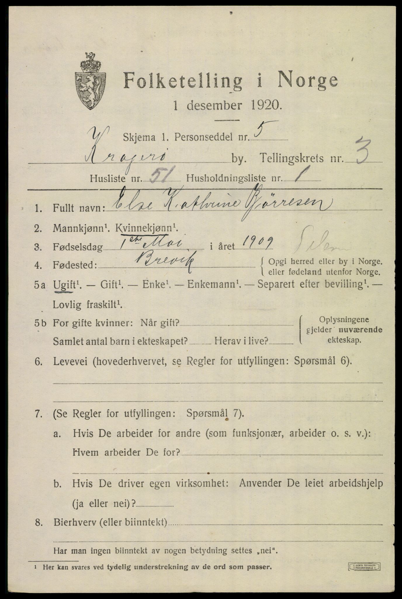 SAKO, 1920 census for Kragerø, 1920, p. 7647
