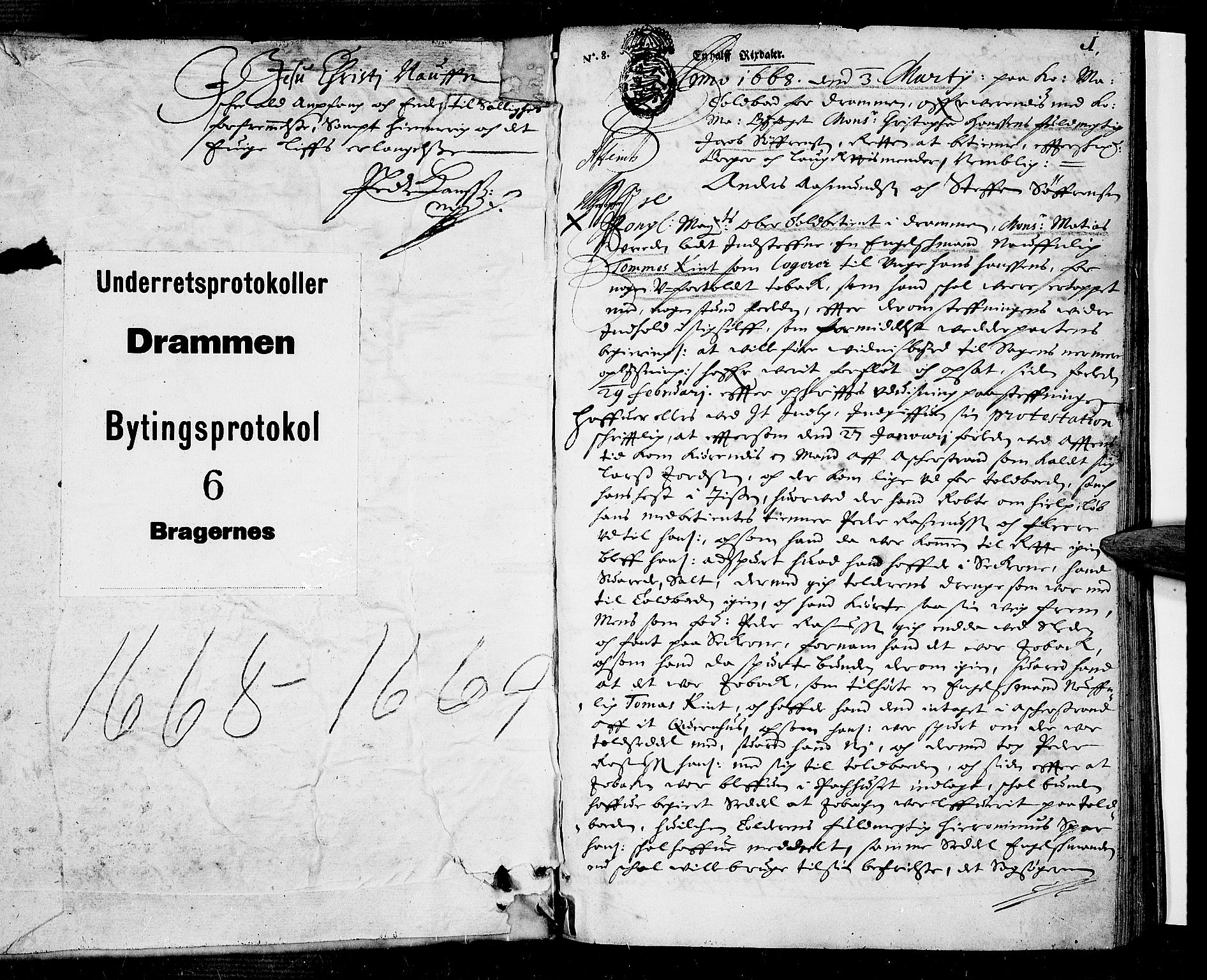 Drammen byfogd, AV/SAKO-A-222/F/Fa/L0006: Tingbok for Bragernes og Strømsø, 1668-1669, p. 0b-1a