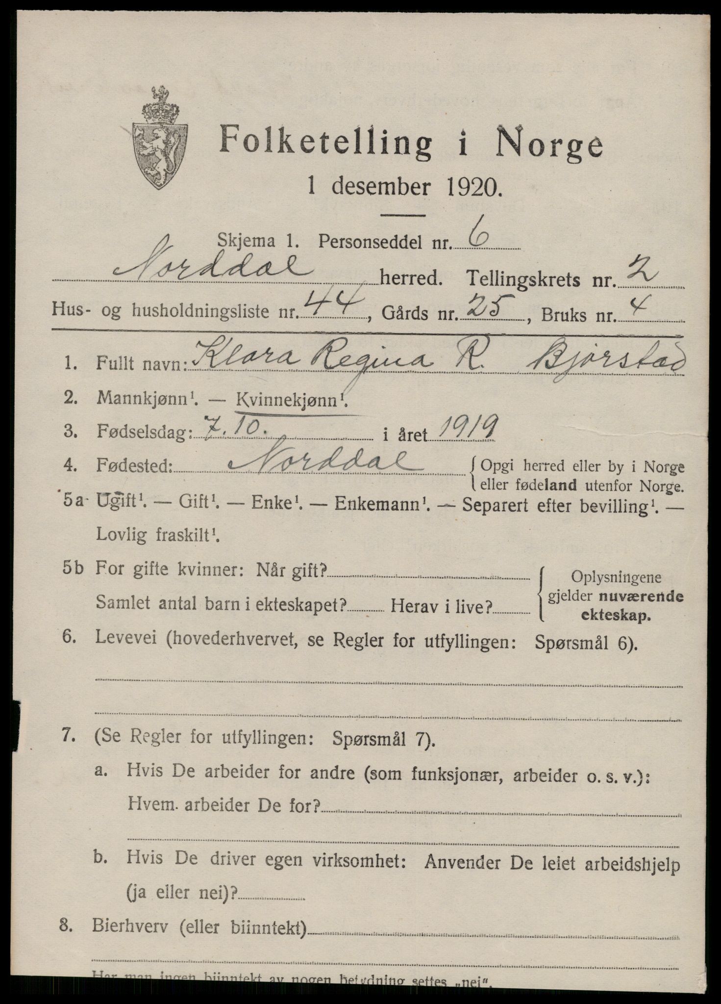 SAT, 1920 census for Norddal, 1920, p. 1967