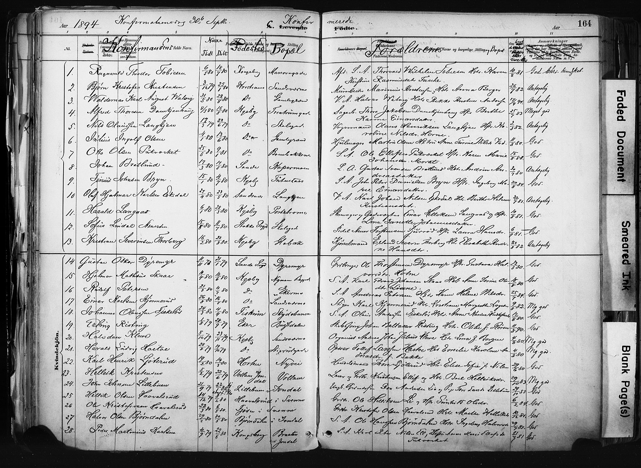 Kongsberg kirkebøker, AV/SAKO-A-22/F/Fb/L0002: Parish register (official) no. II 2, 1886-1896, p. 164