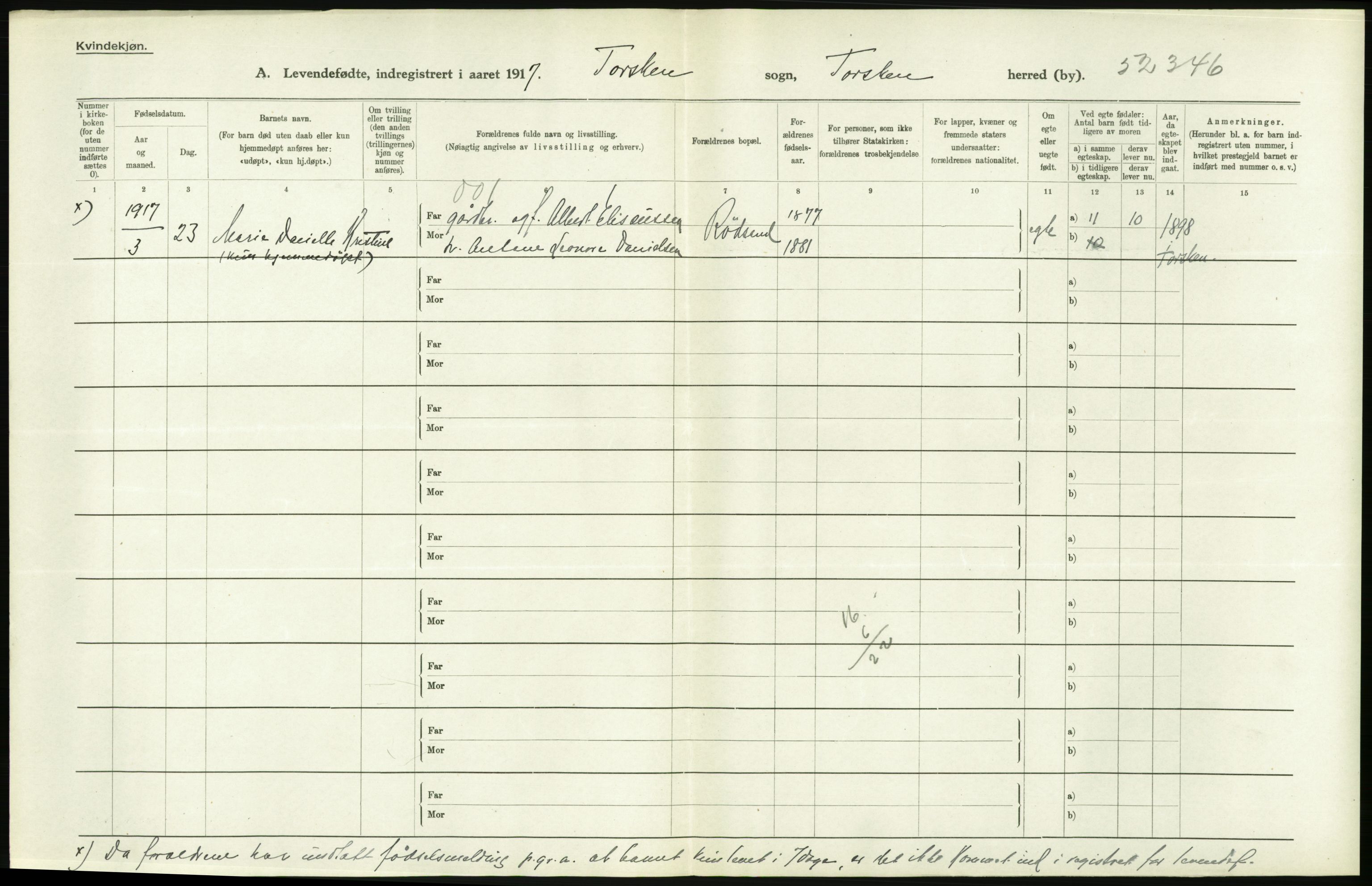 Statistisk sentralbyrå, Sosiodemografiske emner, Befolkning, AV/RA-S-2228/D/Df/Dfb/Dfbg/L0053: Tromsø amt: Levendefødte menn og kvinner. Bygder og byer., 1917, p. 408