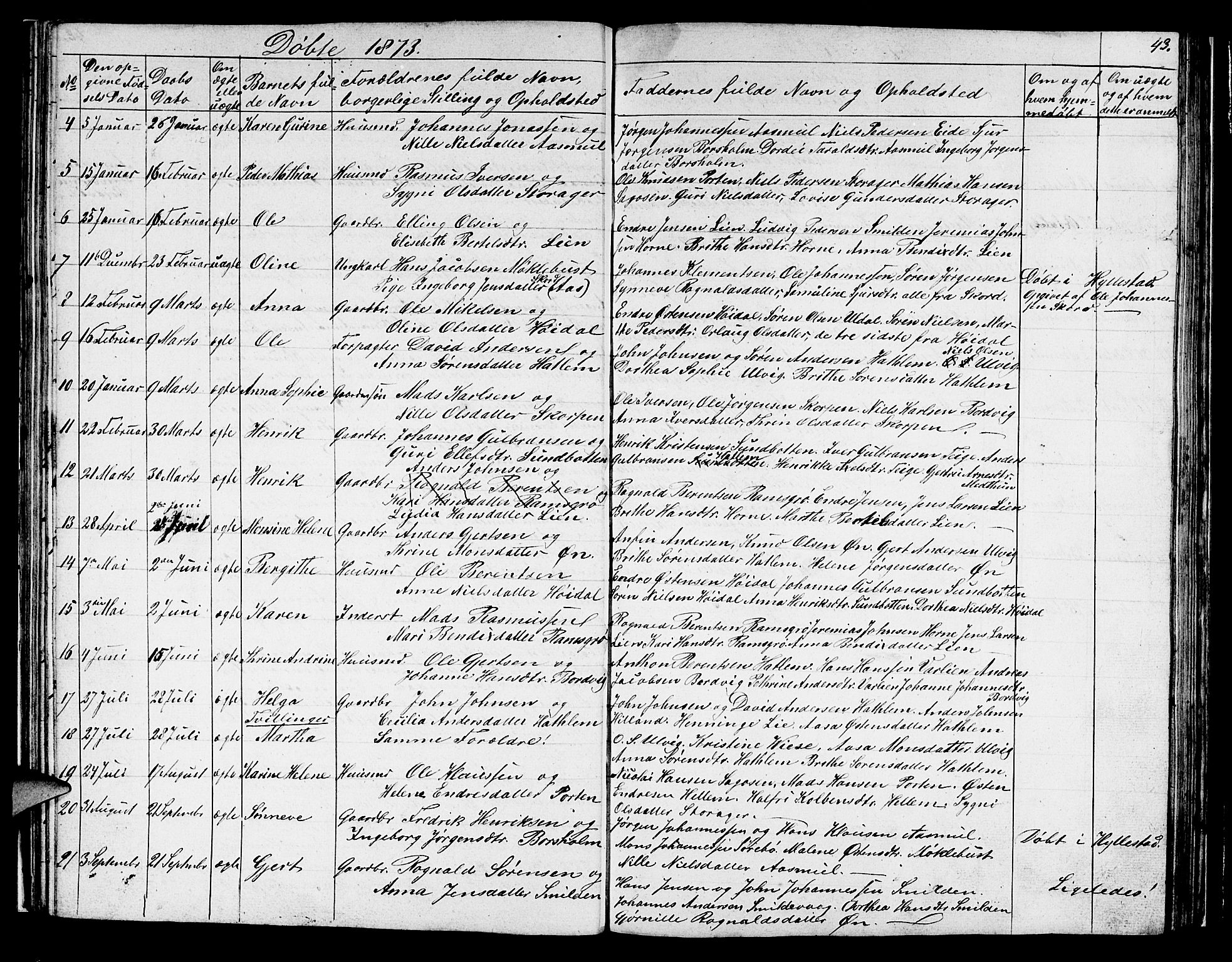 Hyllestad sokneprestembete, AV/SAB-A-80401: Parish register (copy) no. C 1, 1853-1873, p. 43