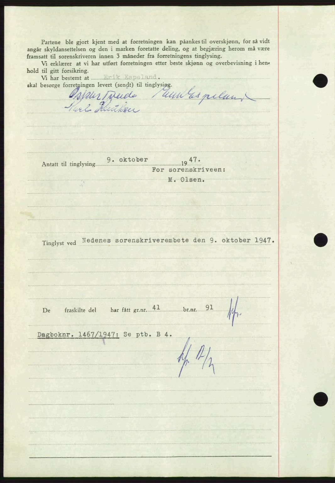 Nedenes sorenskriveri, AV/SAK-1221-0006/G/Gb/Gba/L0058: Mortgage book no. A10, 1947-1948, Diary no: : 1466/1947