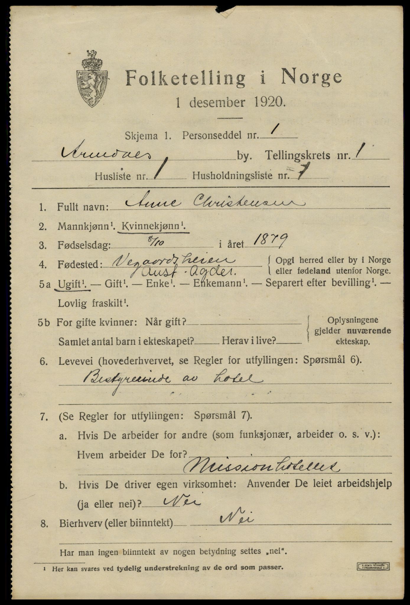 SAK, 1920 census for Arendal, 1920, p. 9156