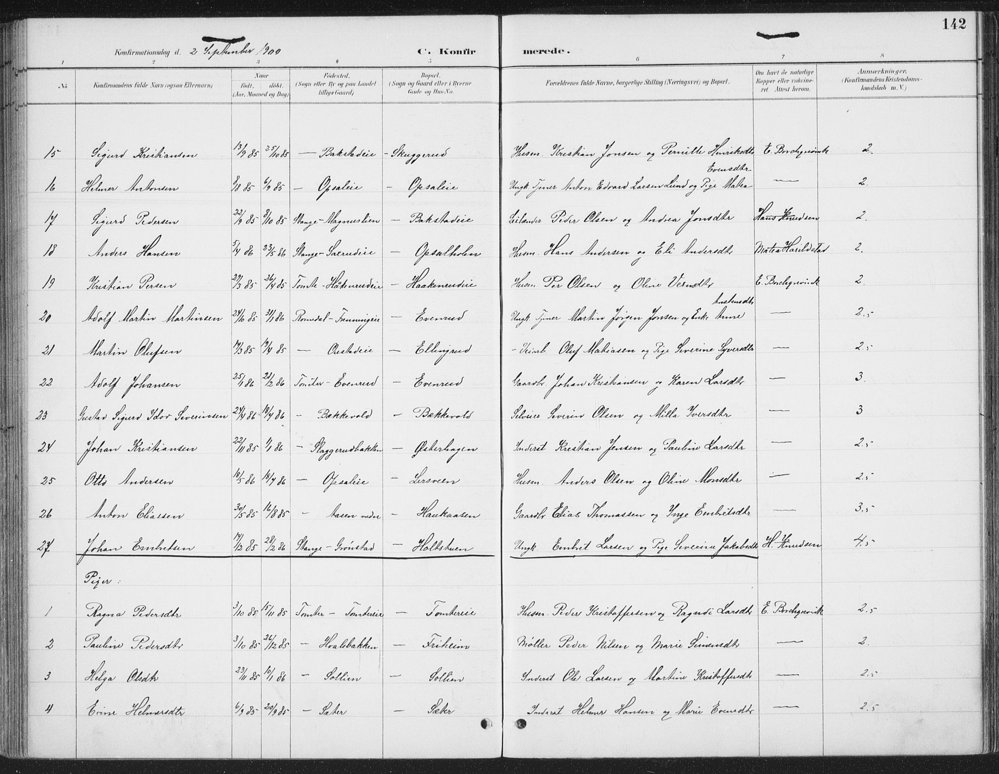 Romedal prestekontor, SAH/PREST-004/K/L0008: Parish register (official) no. 8, 1887-1905, p. 142