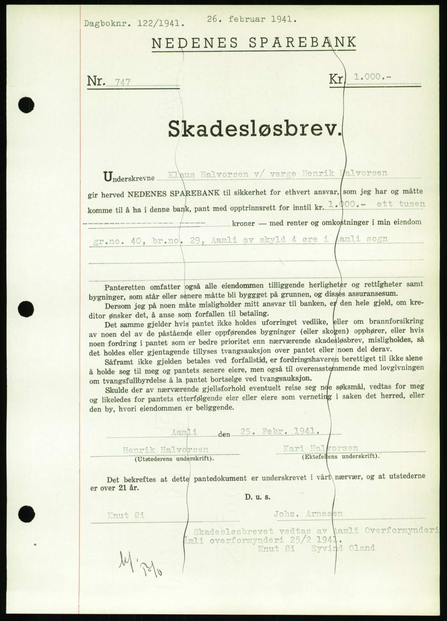 Nedenes sorenskriveri, AV/SAK-1221-0006/G/Gb/Gbb/L0001: Mortgage book no. I, 1939-1942, Diary no: : 122/1941