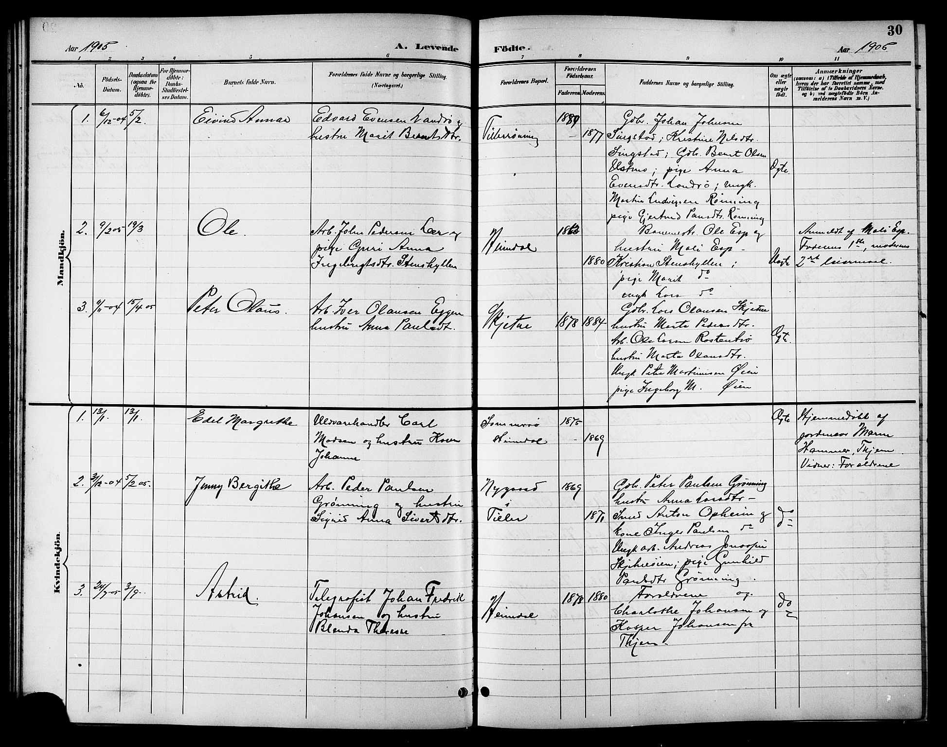 Ministerialprotokoller, klokkerbøker og fødselsregistre - Sør-Trøndelag, SAT/A-1456/621/L0460: Parish register (copy) no. 621C03, 1896-1914, p. 30