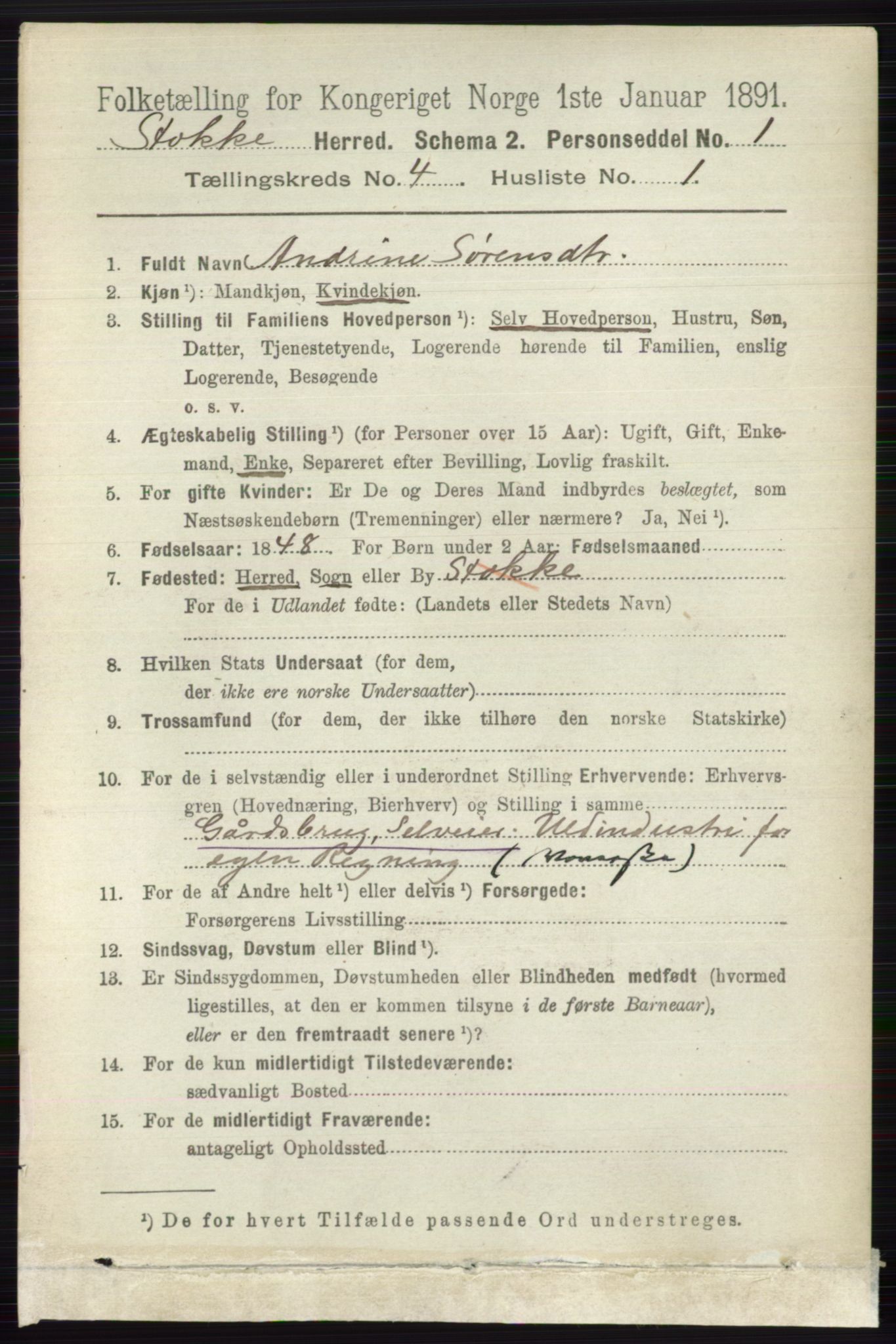 RA, 1891 census for 0720 Stokke, 1891, p. 2442