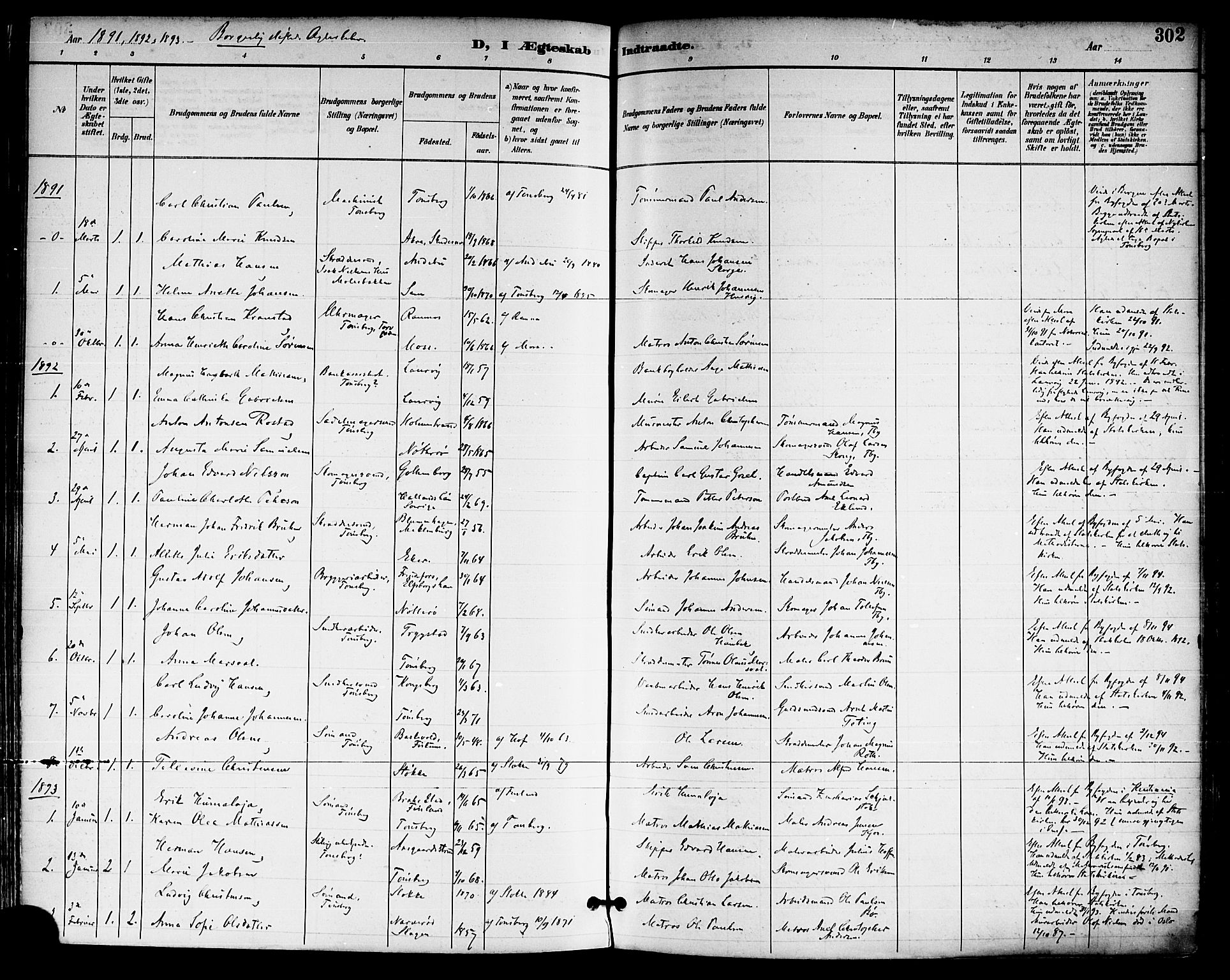 Tønsberg kirkebøker, AV/SAKO-A-330/F/Fa/L0012: Parish register (official) no. I 12, 1891-1899, p. 302