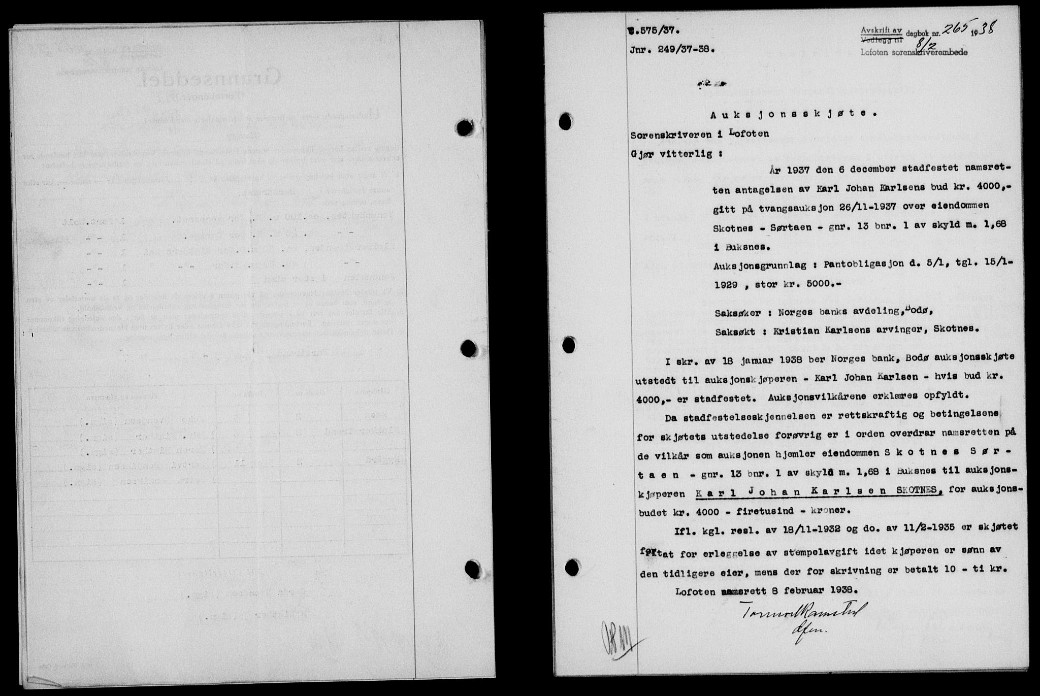 Lofoten sorenskriveri, SAT/A-0017/1/2/2C/L0003a: Mortgage book no. 3a, 1937-1938, Diary no: : 265/1938