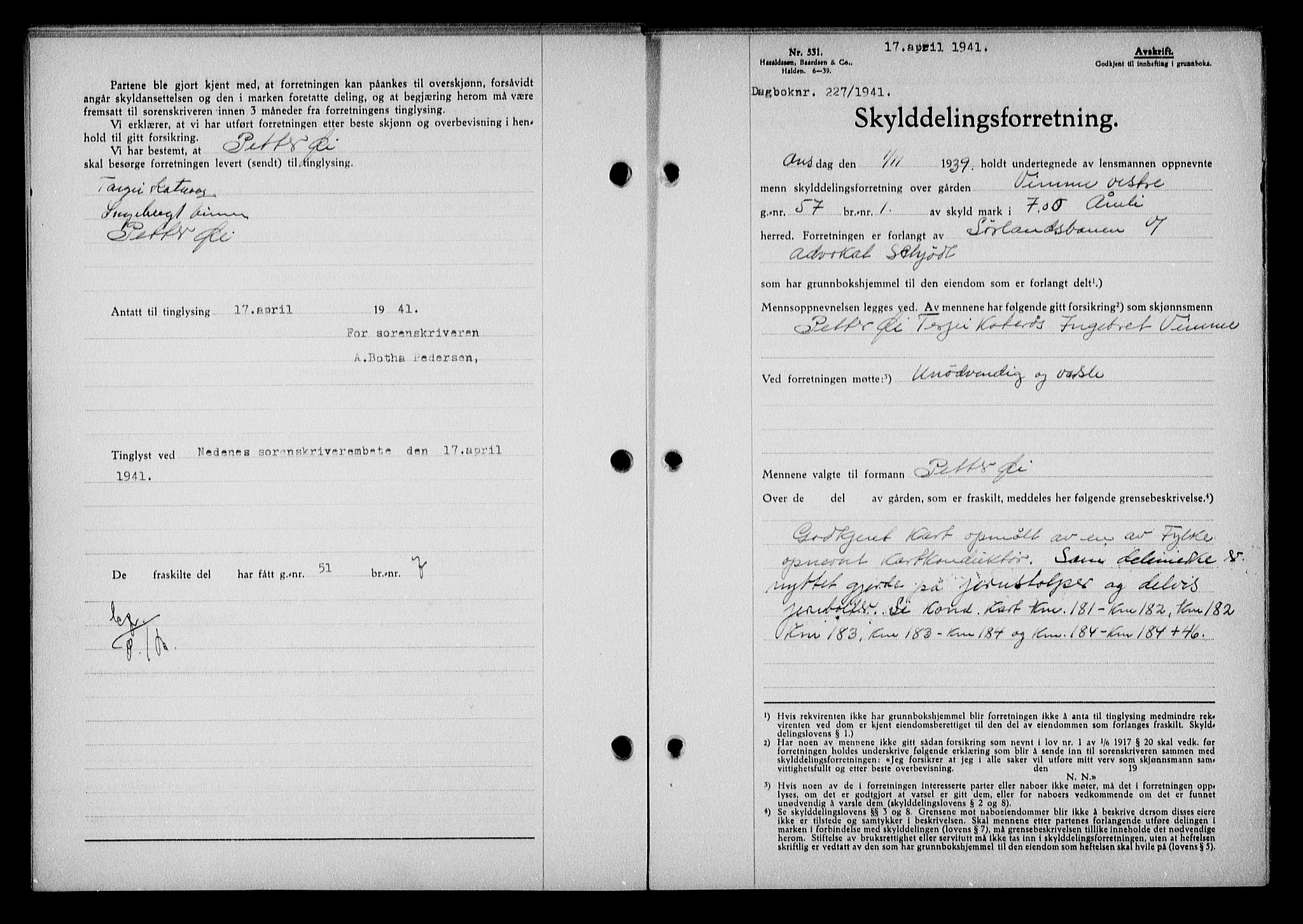 Nedenes sorenskriveri, AV/SAK-1221-0006/G/Gb/Gba/L0048: Mortgage book no. A-II, 1940-1941, Diary no: : 227/1941