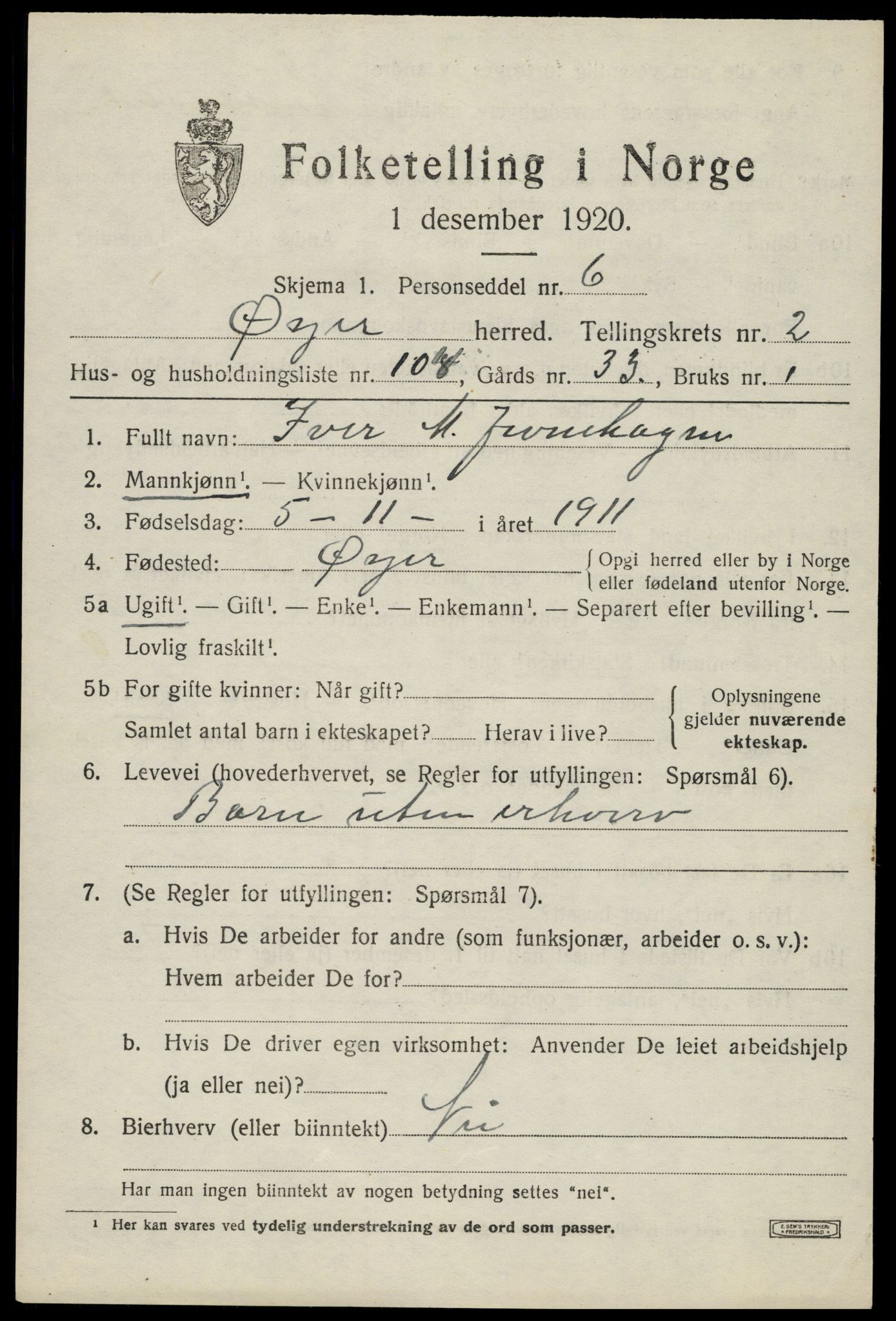 SAH, 1920 census for Øyer, 1920, p. 3281