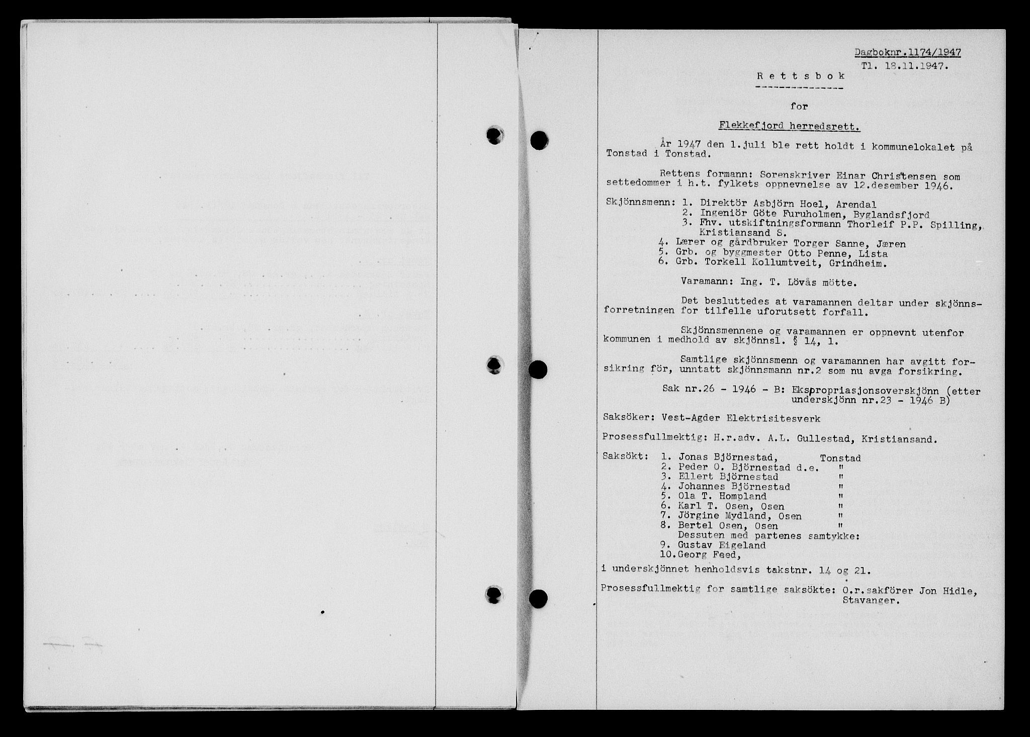 Flekkefjord sorenskriveri, SAK/1221-0001/G/Gb/Gba/L0063: Mortgage book no. A-11, 1947-1948, Diary no: : 1174/1947