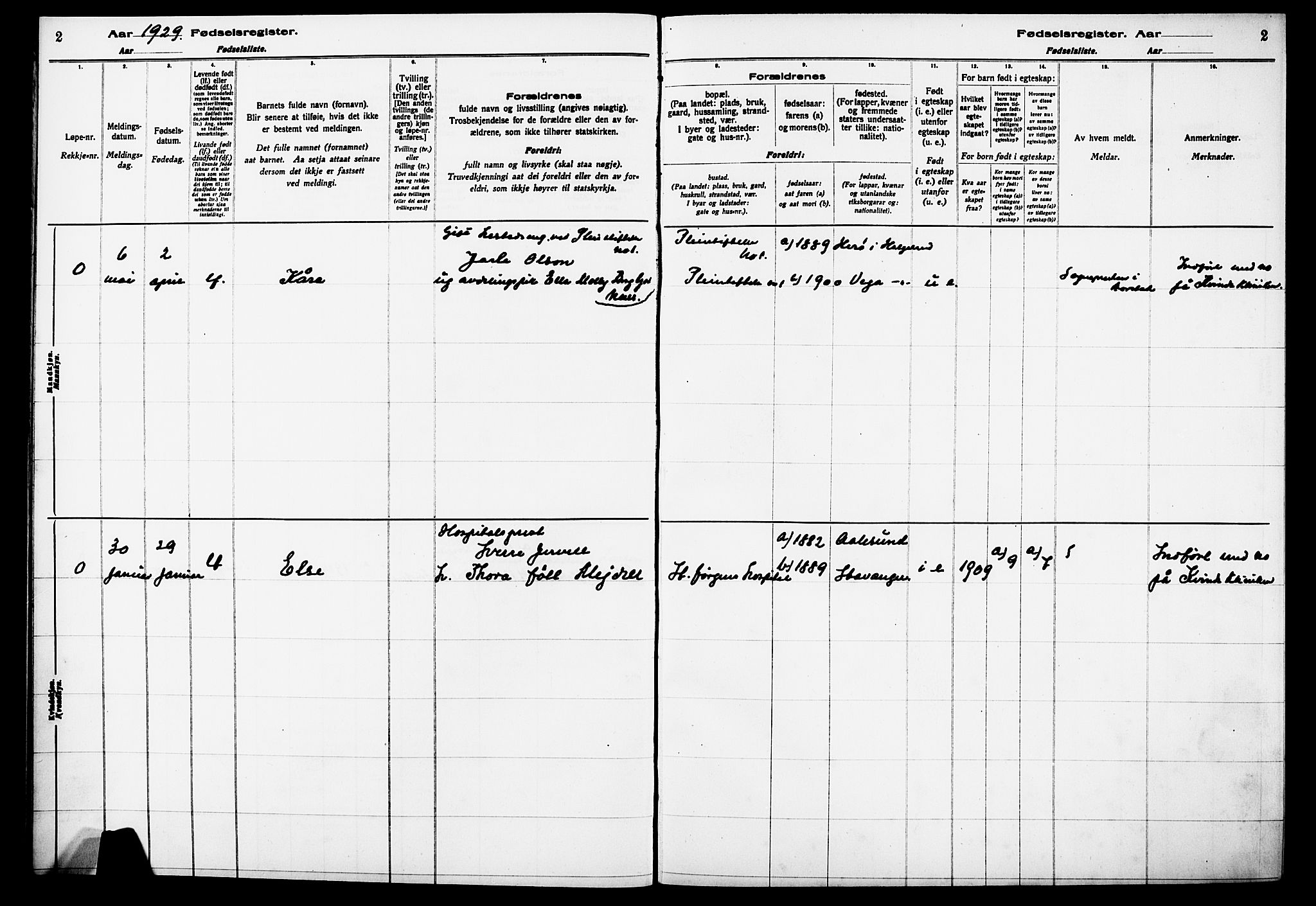 Birth register no. A 1, 1926-1929, p. 2