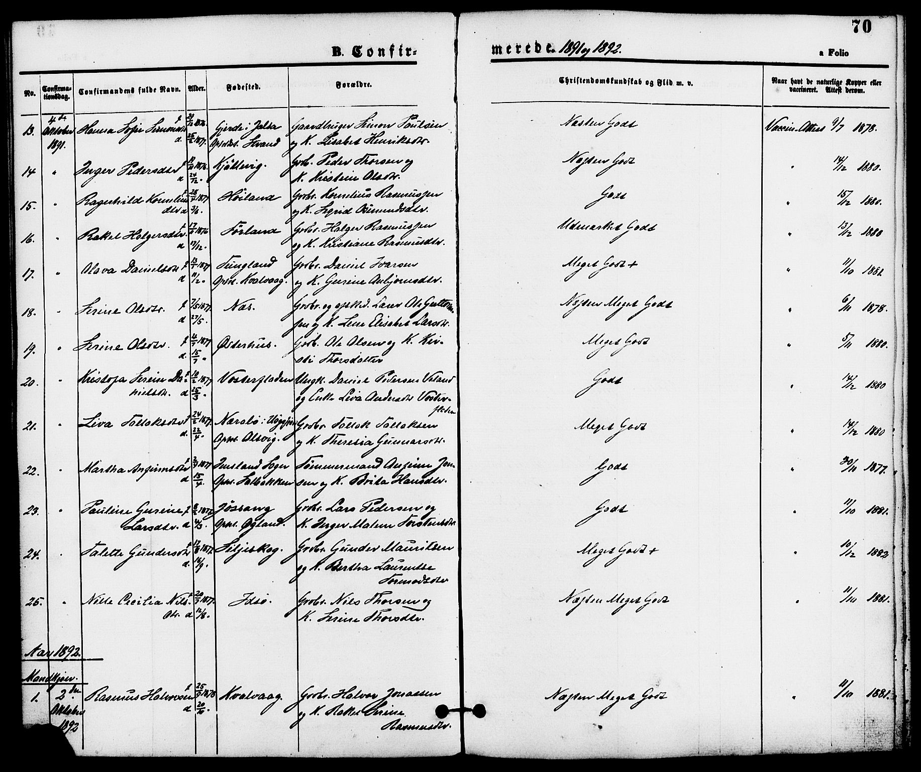 Strand sokneprestkontor, SAST/A-101828/H/Ha/Haa/L0008: Parish register (official) no. A 8, 1874-1907, p. 70
