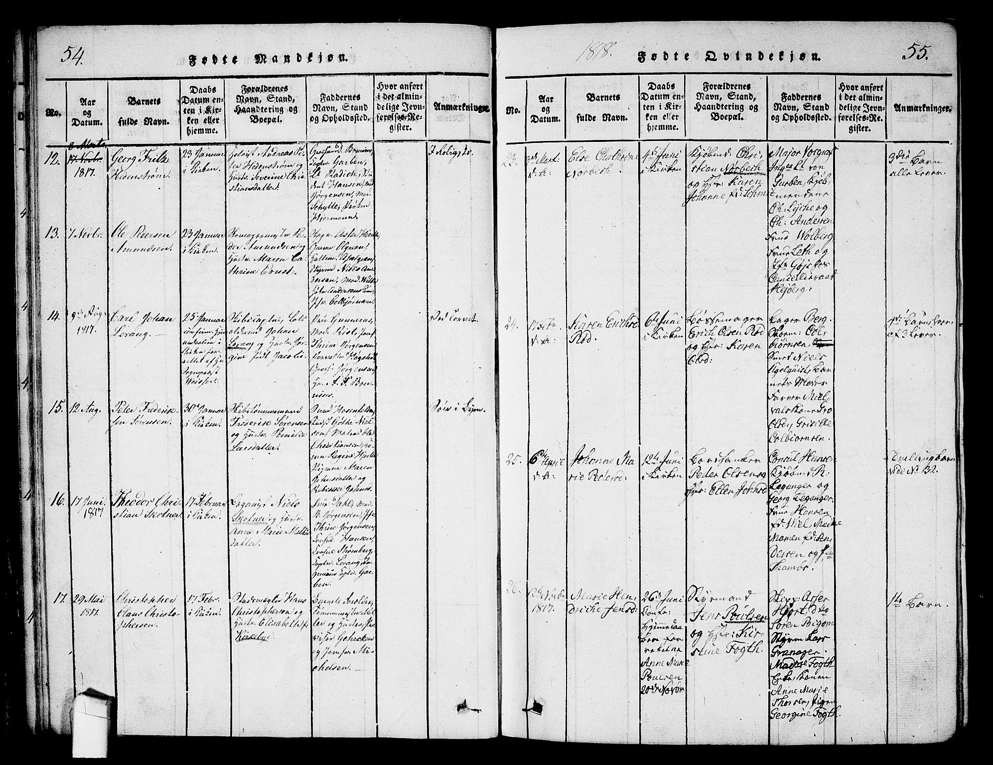 Halden prestekontor Kirkebøker, AV/SAO-A-10909/G/Ga/L0001: Parish register (copy) no. 1, 1815-1833, p. 54-55