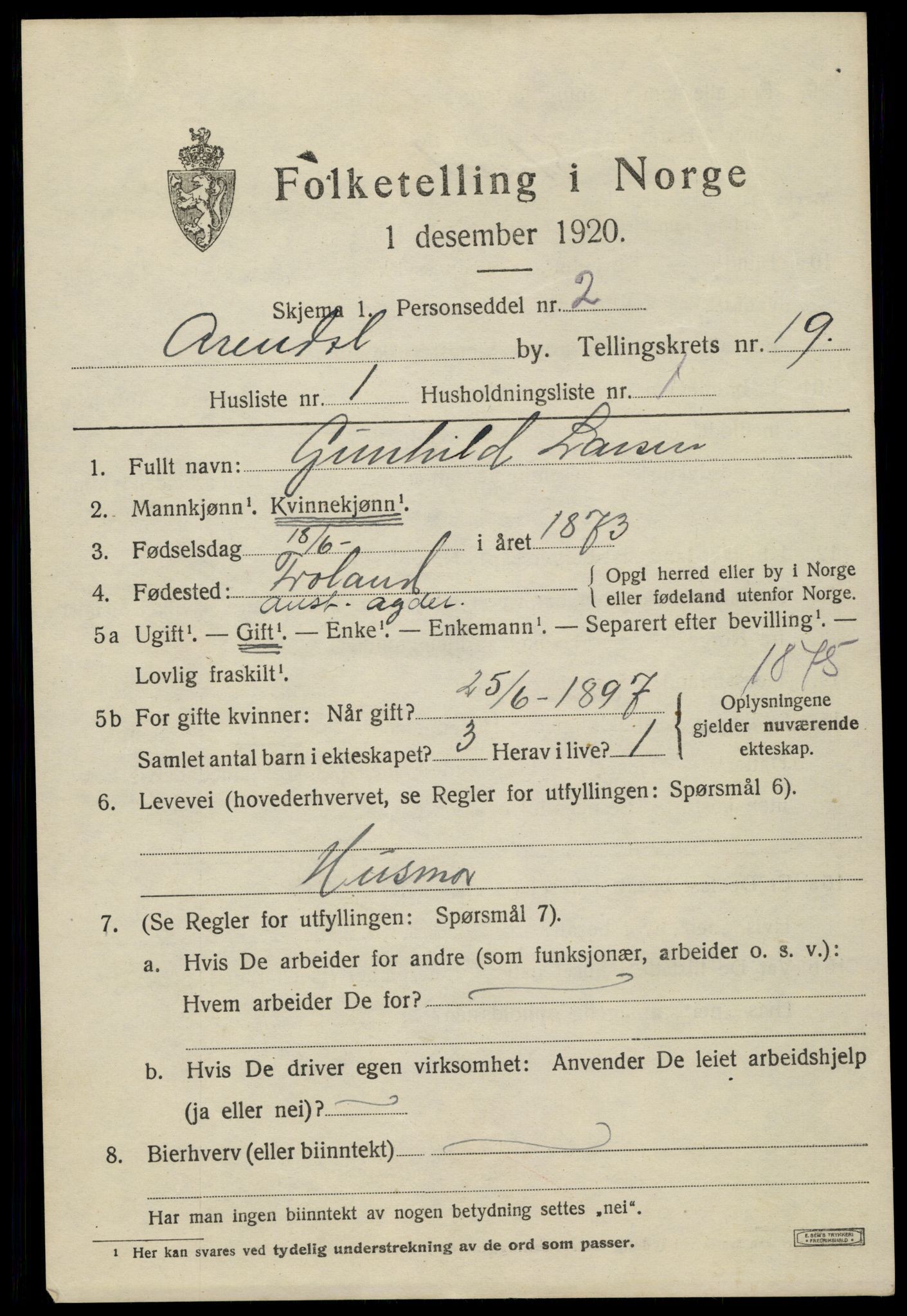 SAK, 1920 census for Arendal, 1920, p. 25886