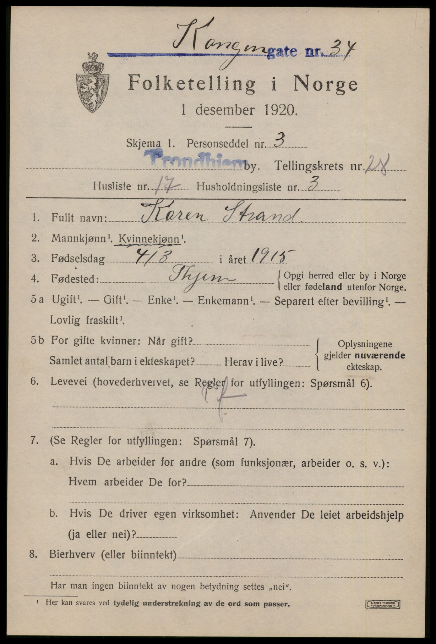 SAT, 1920 census for Trondheim, 1920, p. 71402