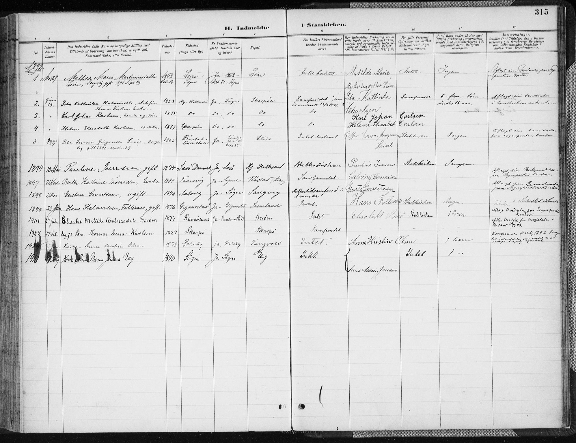 Søgne sokneprestkontor, SAK/1111-0037/F/Fa/Fab/L0013: Parish register (official) no. A 13, 1892-1911, p. 315