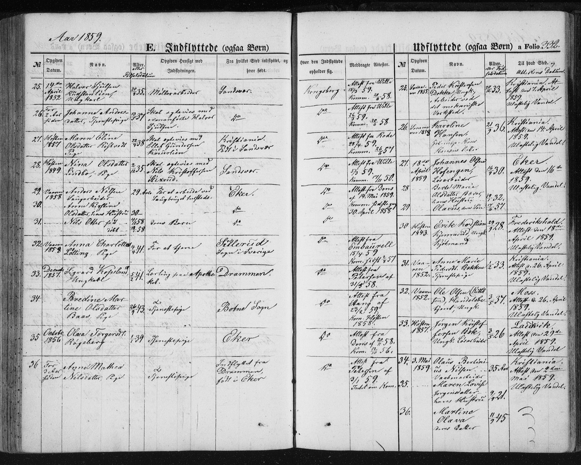 Kongsberg kirkebøker, SAKO/A-22/F/Fa/L0010: Parish register (official) no. I 10, 1859-1875, p. 332