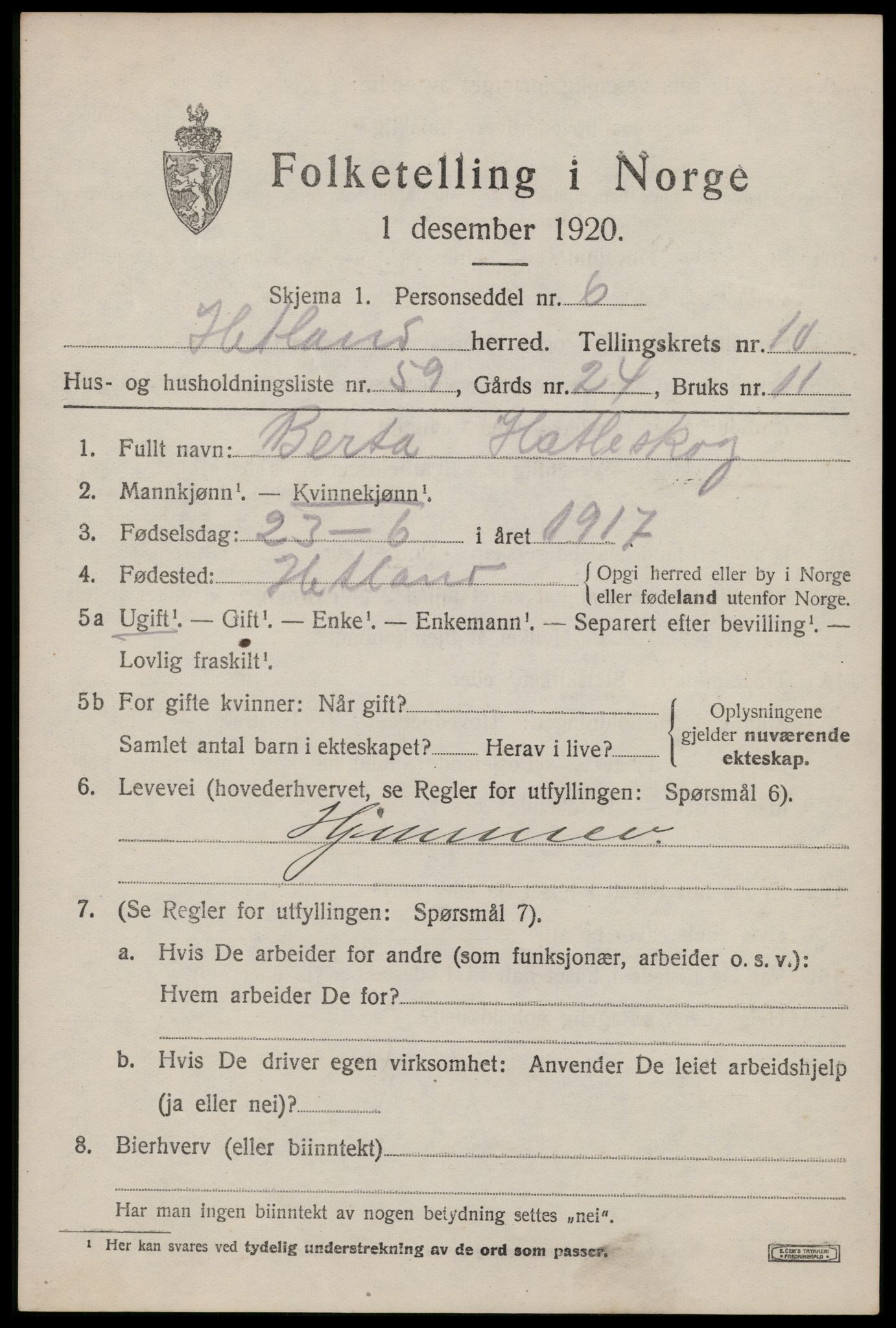 SAST, 1920 census for Hetland, 1920, p. 19755