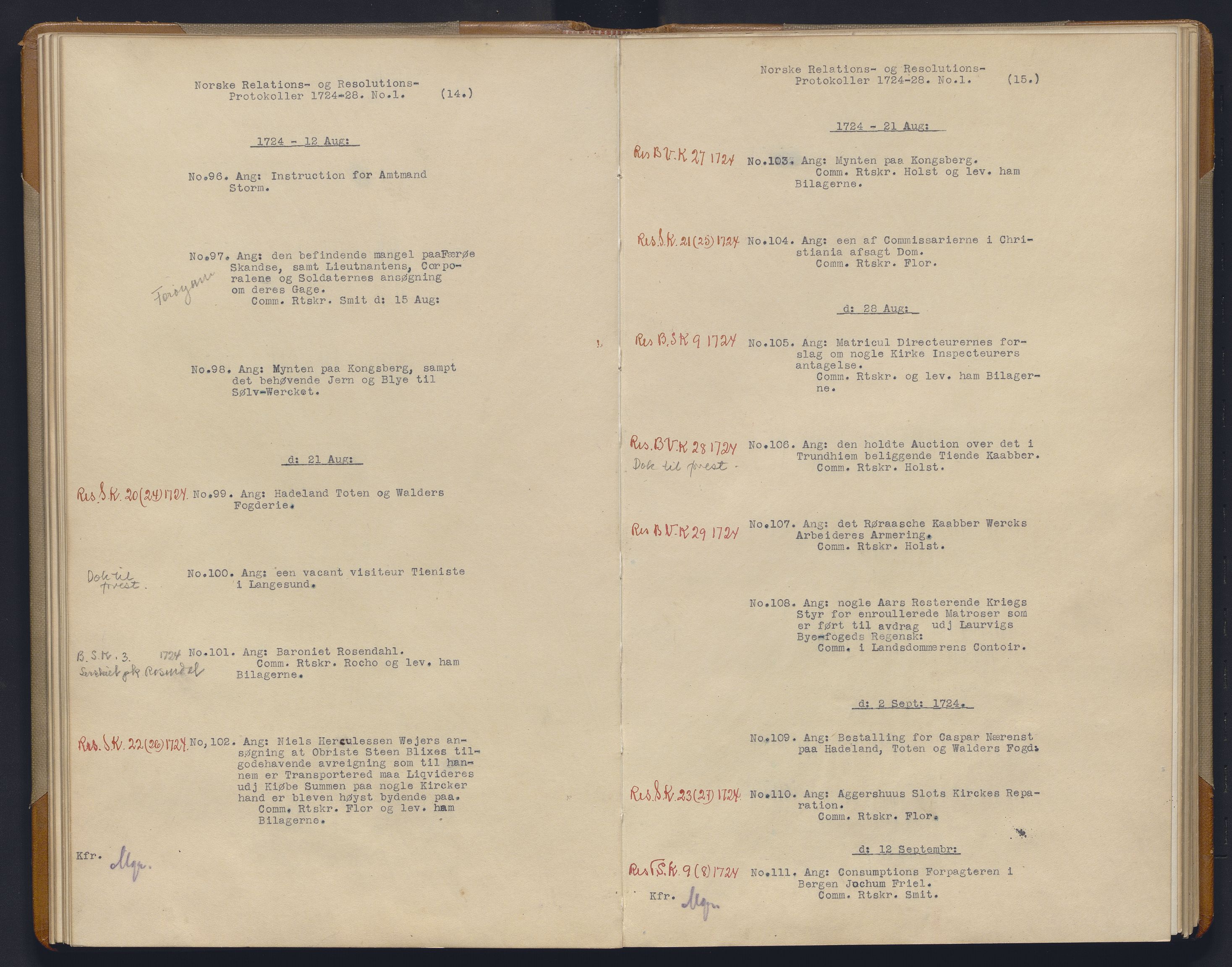 Avskriftsamlingen, AV/RA-EA-4022/F/Fb/L0115: Registratur over norske Relasjons- og resolusjonsprotkoller, 1724-1728, p. 27