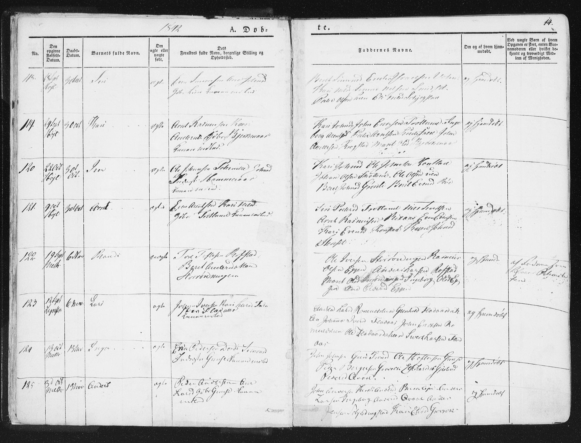 Ministerialprotokoller, klokkerbøker og fødselsregistre - Sør-Trøndelag, AV/SAT-A-1456/691/L1074: Parish register (official) no. 691A06, 1842-1852, p. 14