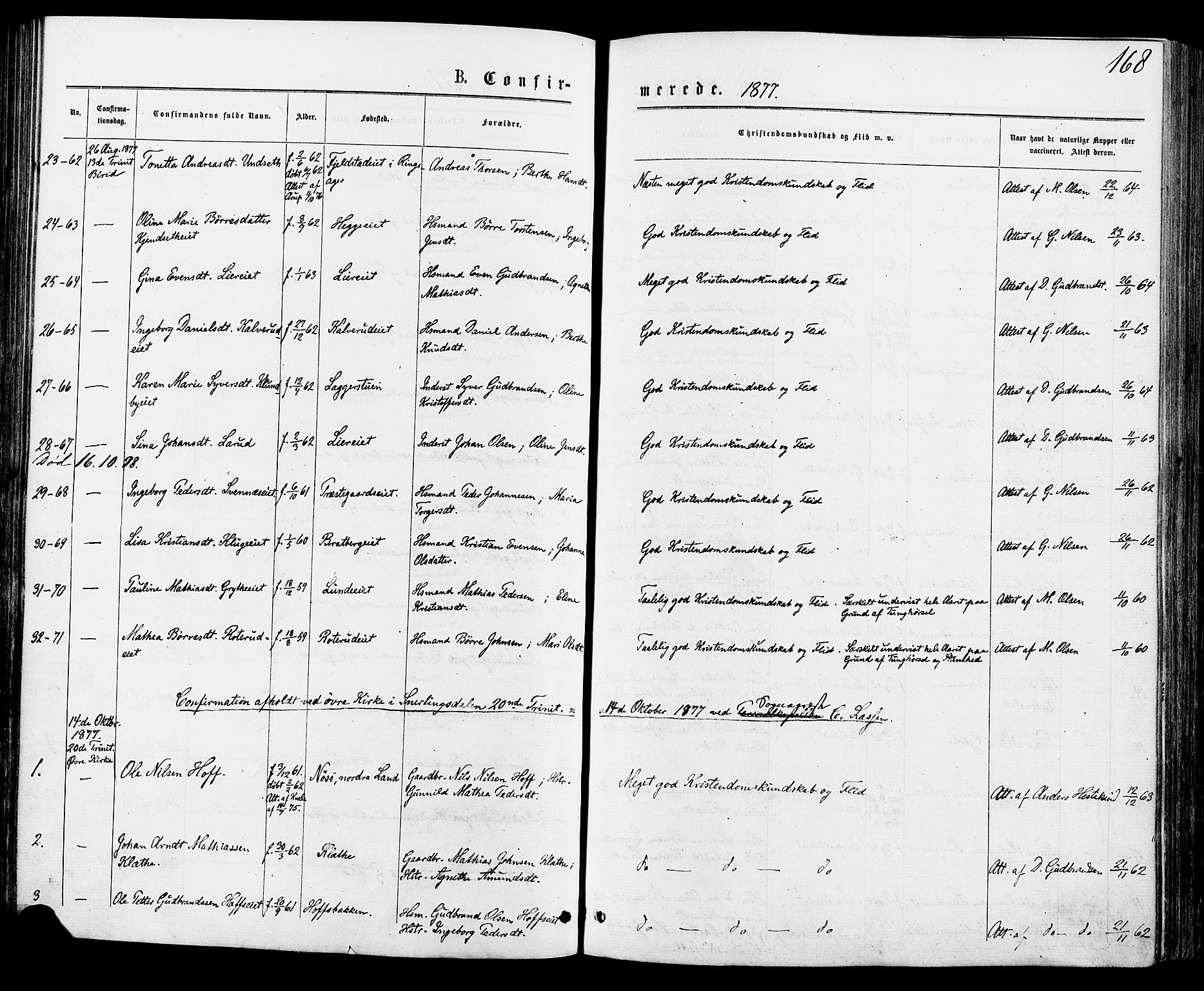 Biri prestekontor, AV/SAH-PREST-096/H/Ha/Haa/L0006: Parish register (official) no. 6, 1877-1886, p. 168