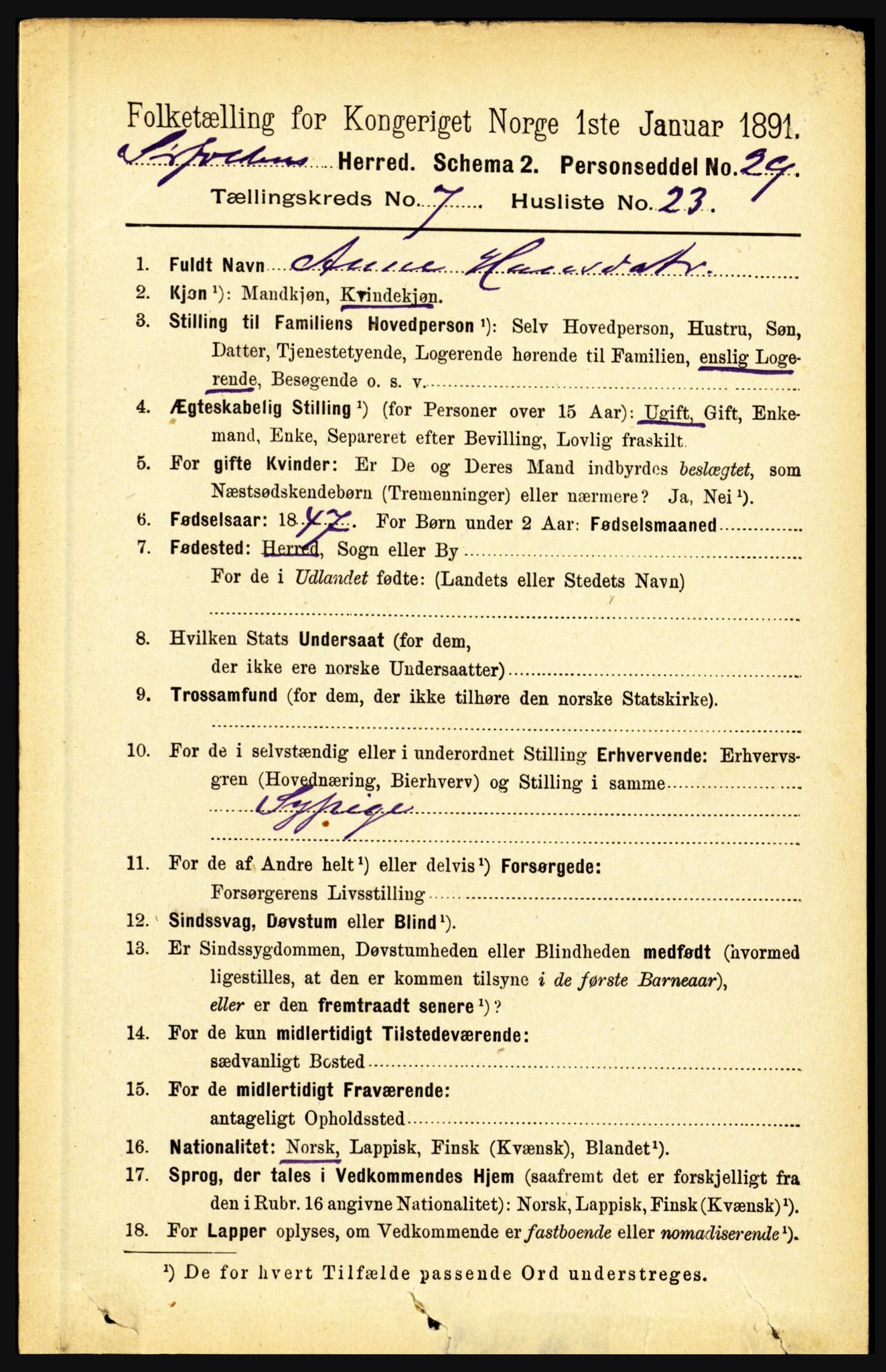 RA, 1891 census for 1845 Sørfold, 1891, p. 2365