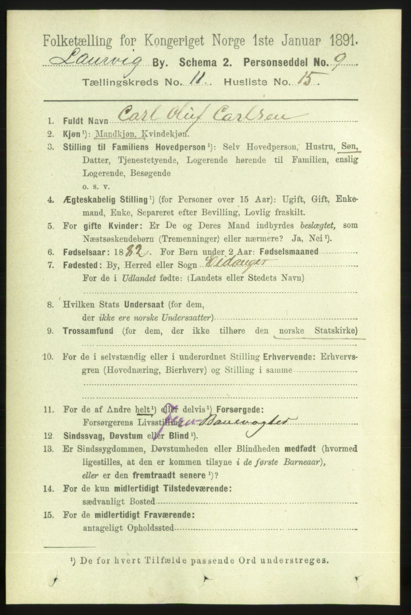 RA, 1891 census for 0707 Larvik, 1891, p. 9764