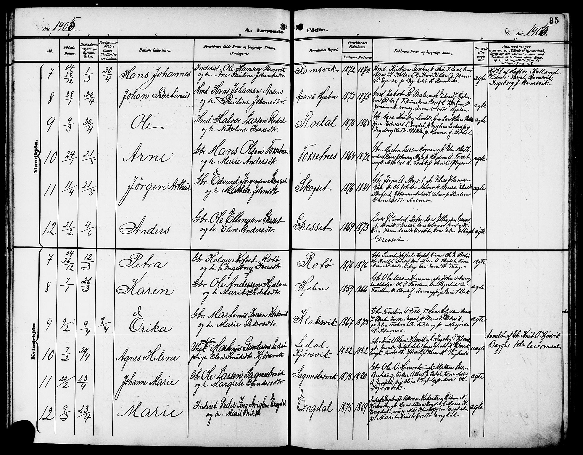 Ministerialprotokoller, klokkerbøker og fødselsregistre - Møre og Romsdal, AV/SAT-A-1454/578/L0910: Parish register (copy) no. 578C03, 1900-1921, p. 35