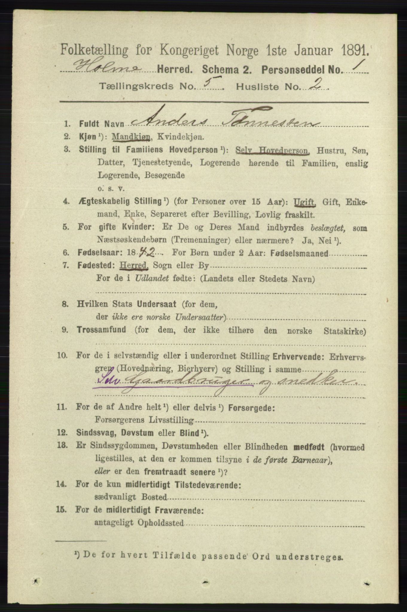 RA, 1891 census for 1020 Holum, 1891, p. 1240