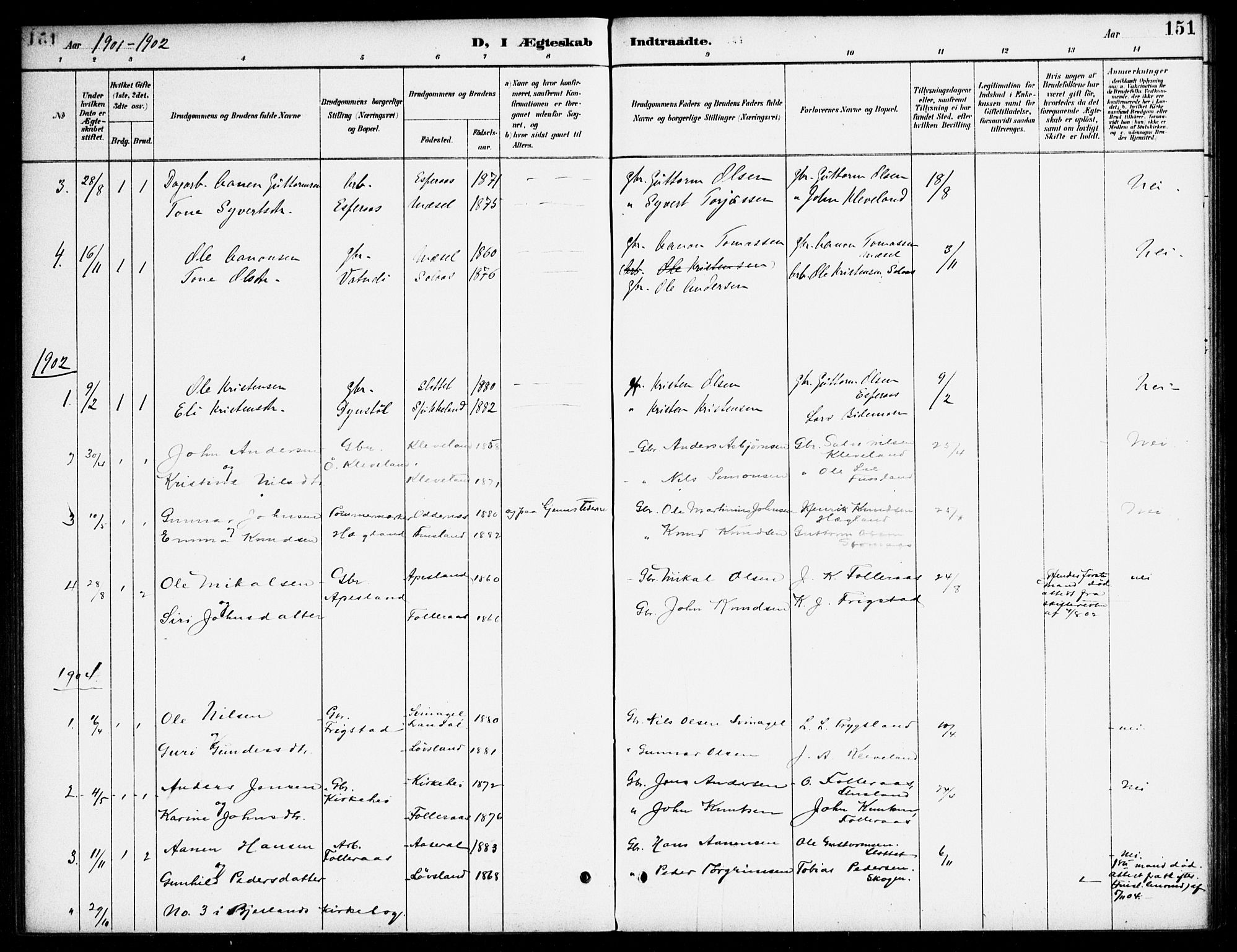 Bjelland sokneprestkontor, AV/SAK-1111-0005/F/Fa/Fab/L0004: Parish register (official) no. A 4, 1887-1920, p. 151