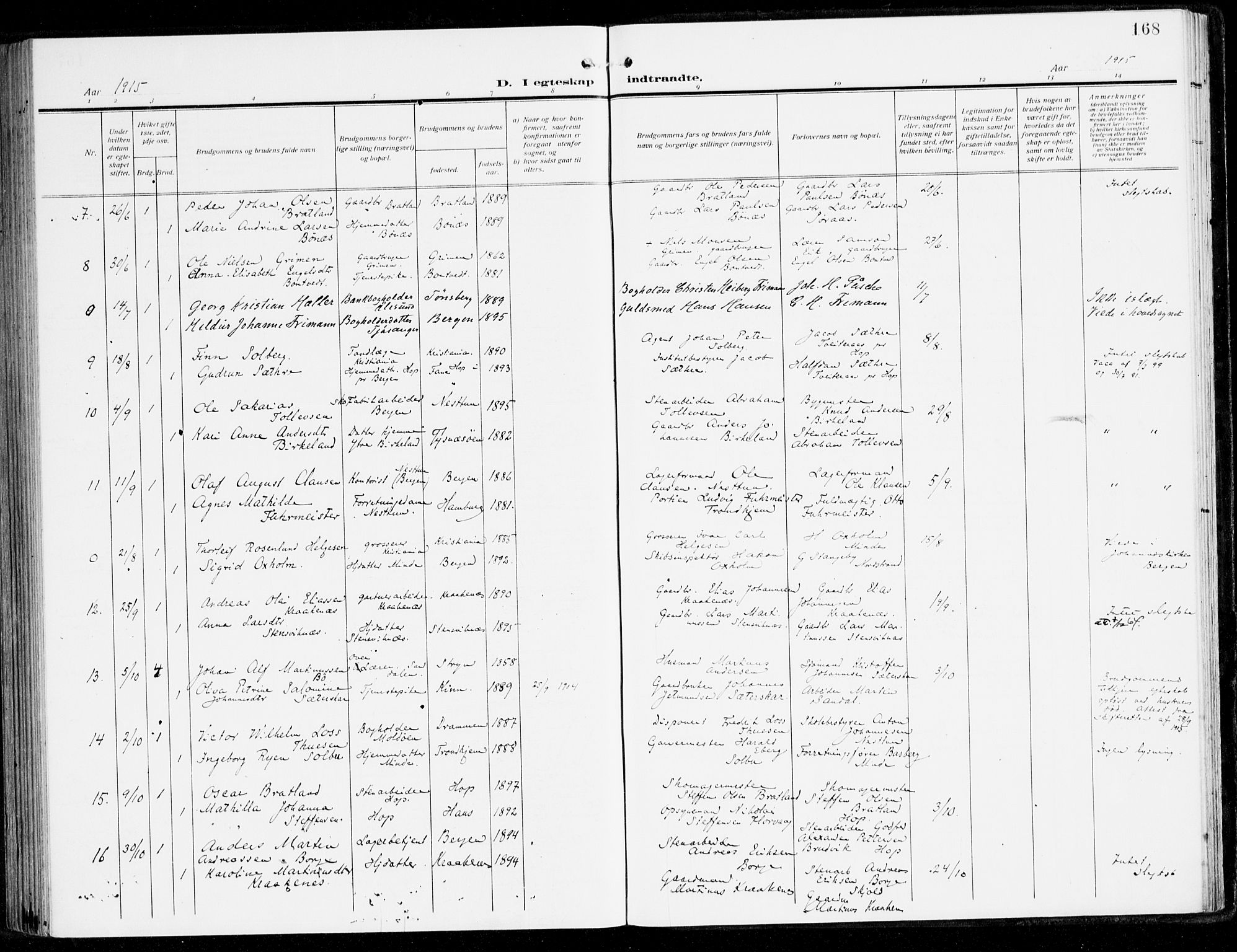 Fana Sokneprestembete, AV/SAB-A-75101/H/Haa/Haai/L0004: Parish register (official) no. I 4, 1912-1933, p. 168