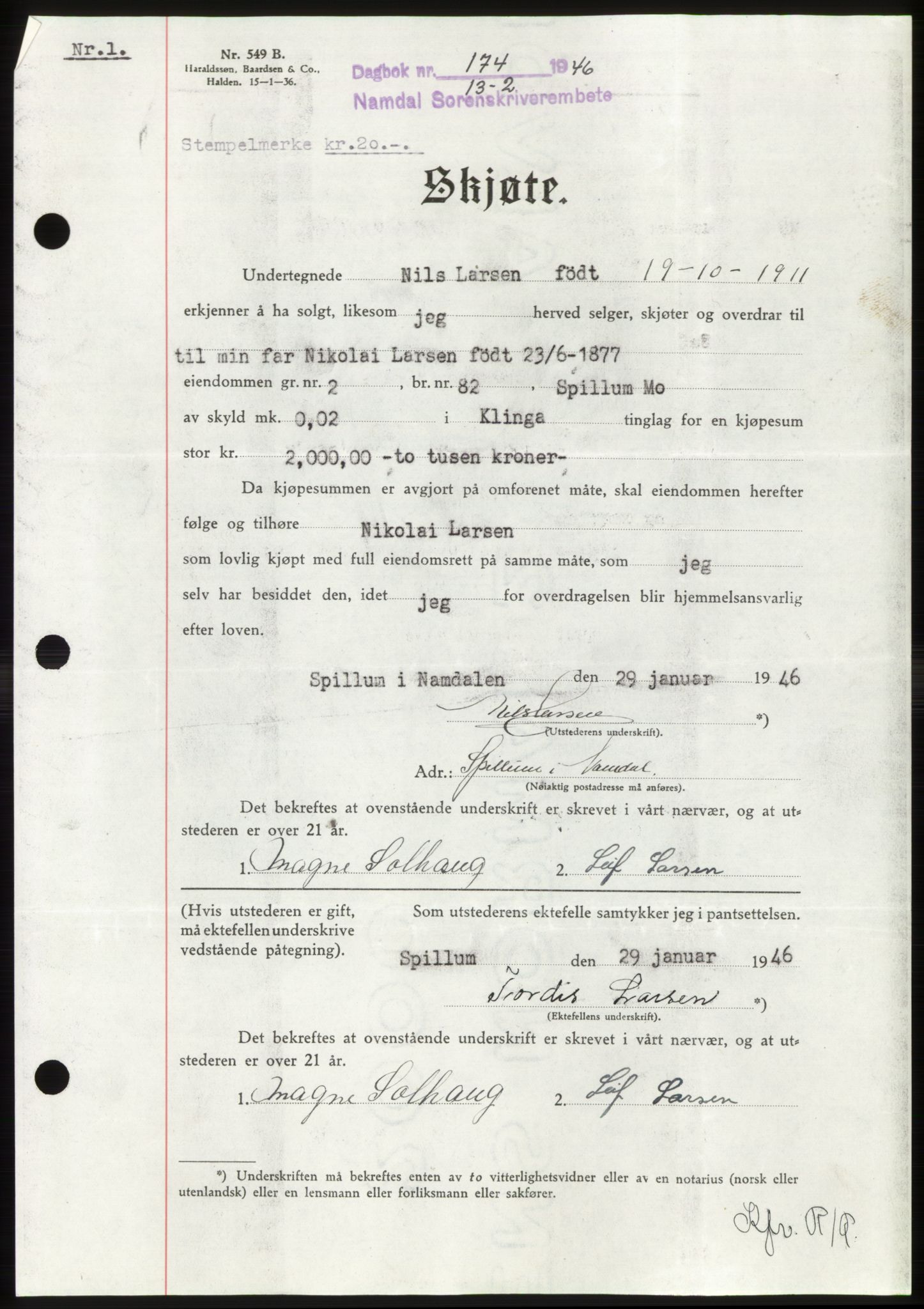 Namdal sorenskriveri, AV/SAT-A-4133/1/2/2C: Mortgage book no. -, 1946-1946, Diary no: : 174/1946