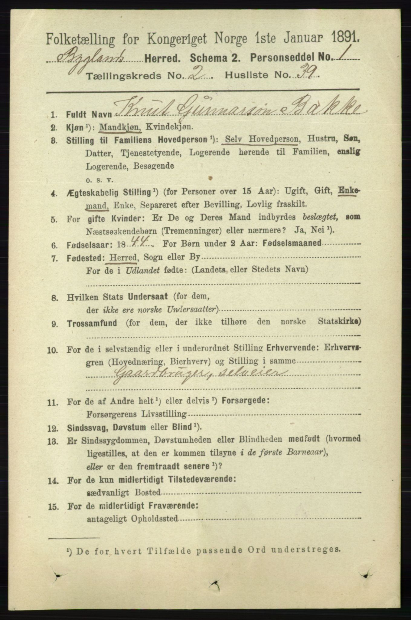 RA, 1891 census for 0938 Bygland, 1891, p. 515