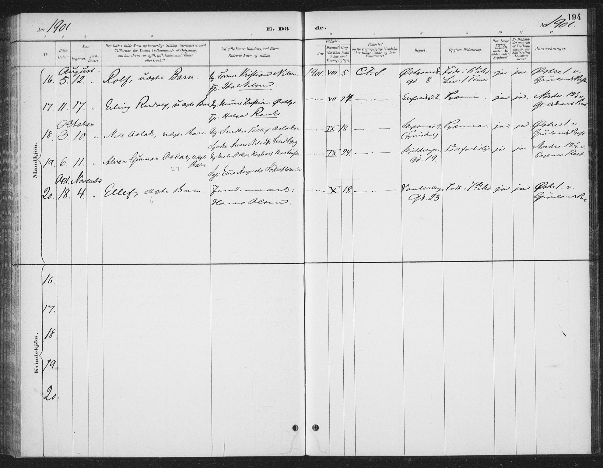 Rikshospitalet prestekontor Kirkebøker, SAO/A-10309b/F/L0010: Parish register (official) no. 10, 1888-1912, p. 194