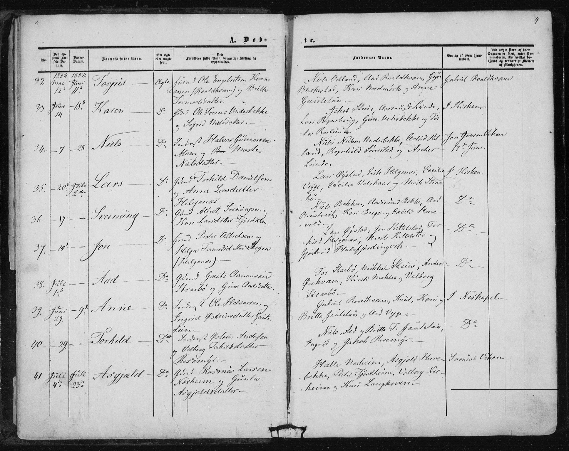 Suldal sokneprestkontor, SAST/A-101845/01/IV/L0009: Parish register (official) no. A 9, 1854-1868, p. 4