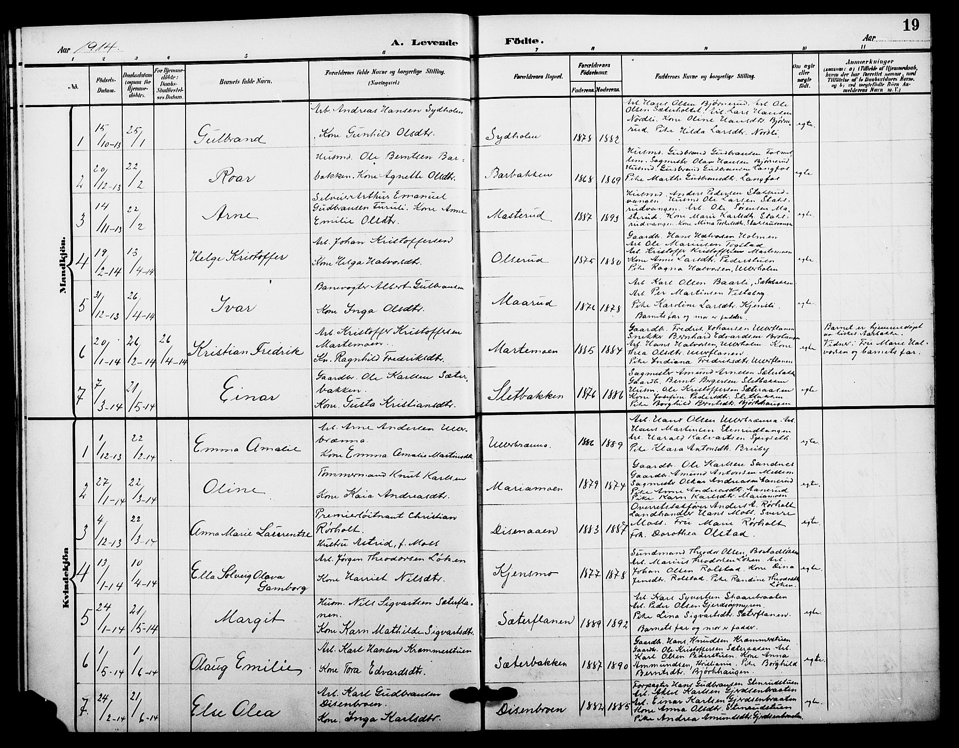 Sør-Odal prestekontor, AV/SAH-PREST-030/H/Ha/Hab/L0007: Parish register (copy) no. 7, 1907-1915, p. 19